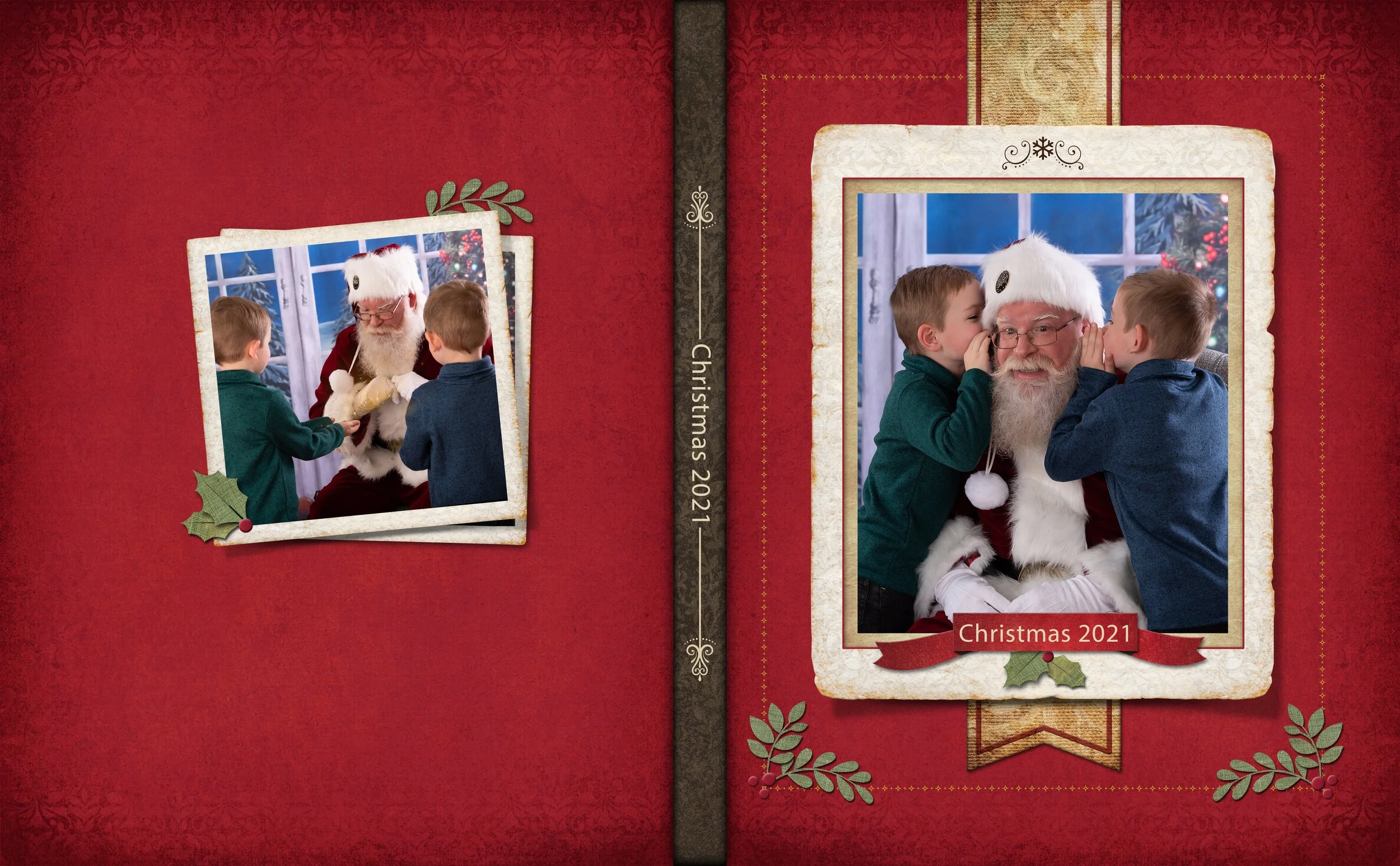 Christmas 2021 photo album cover featuring children with Santa Claus on a festive red background.