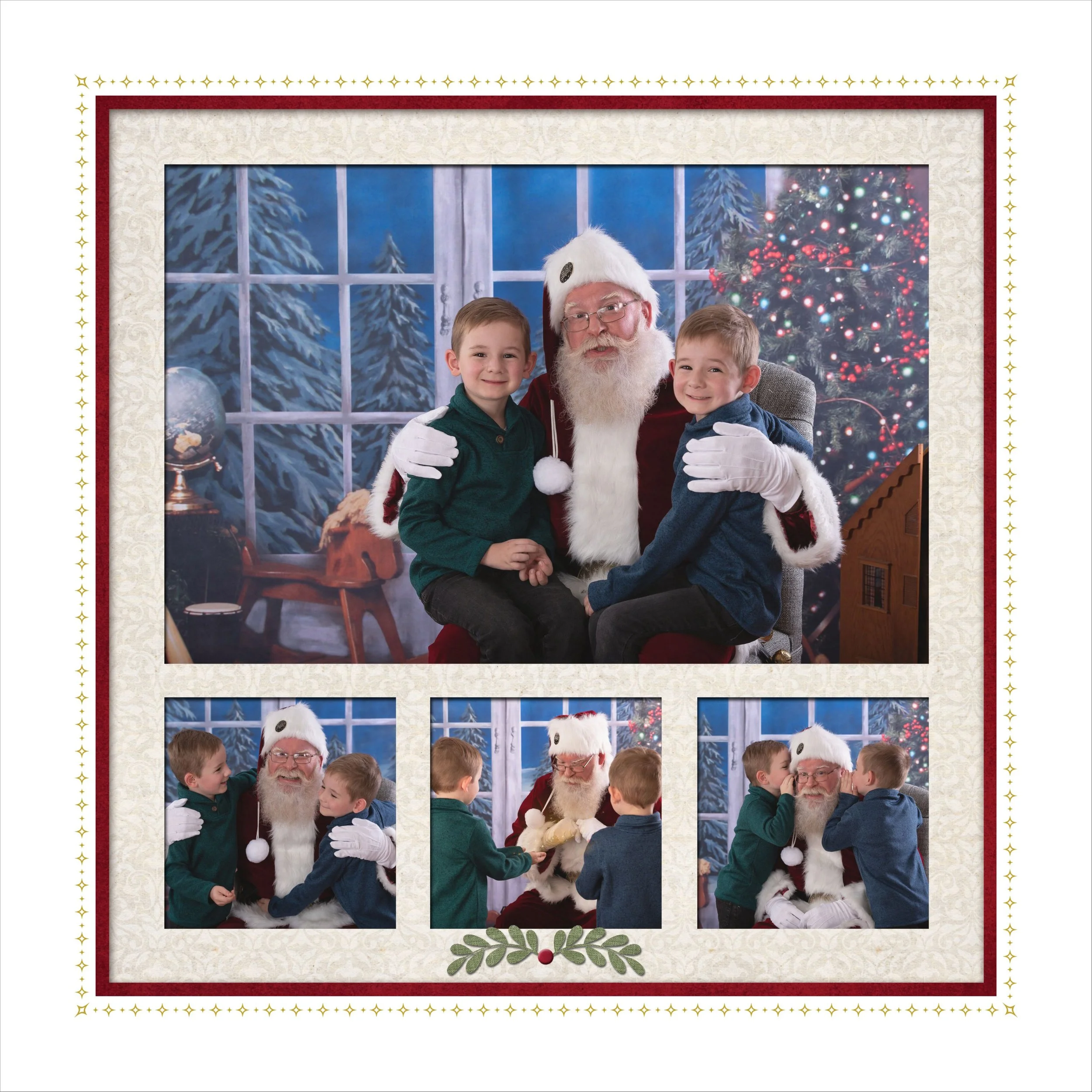 Collage of Santa Claus with two young boys, sitting indoors in front of a Christmas-themed backdrop, with a Christmas tree visible. The children interact and take turns sitting on Santa's lap.