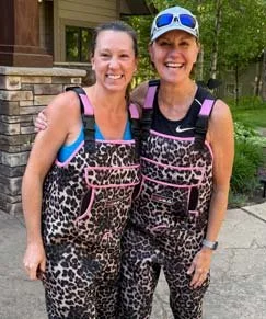 Alicia & Ann have a little fun harvesting CLP in stylish leopard hip waders.