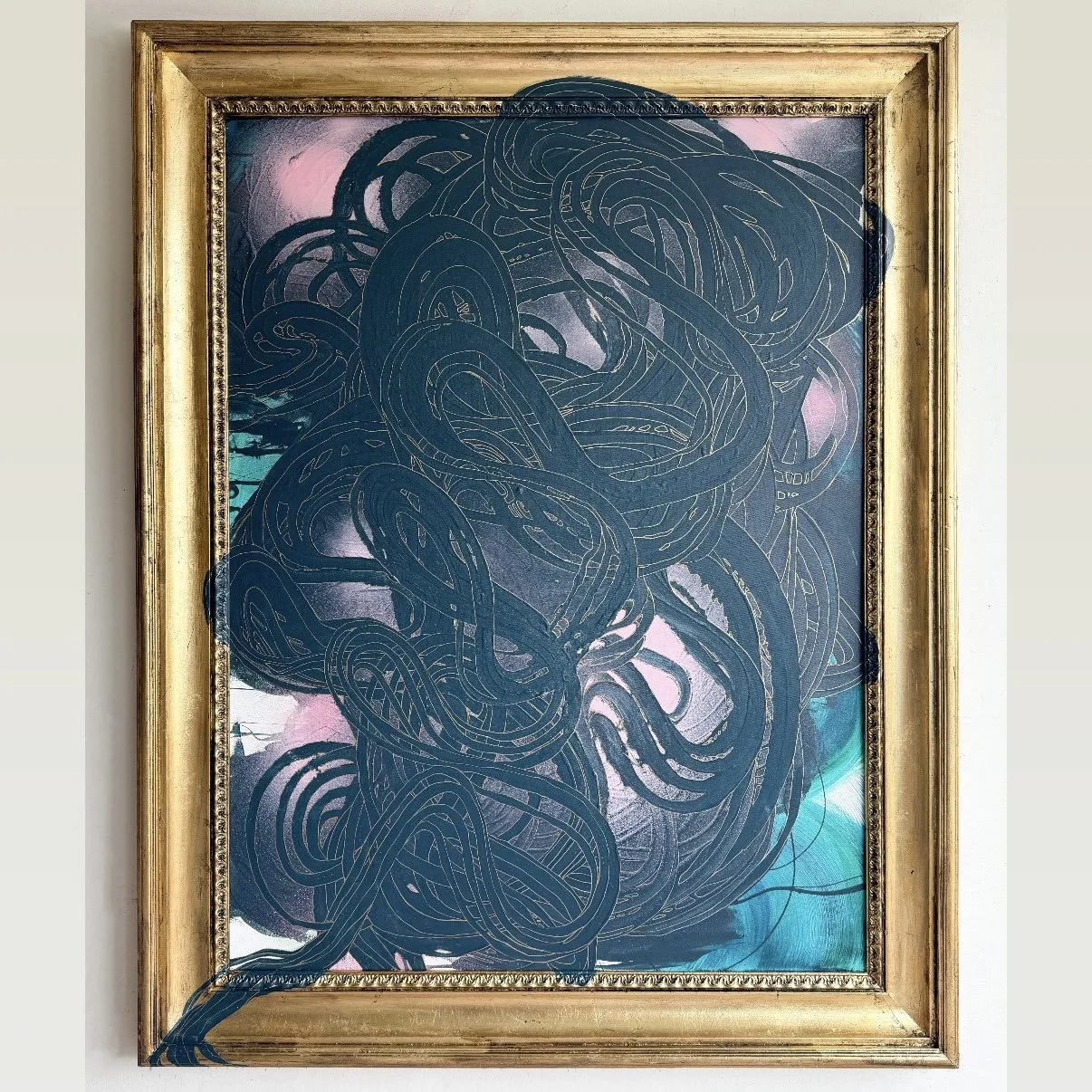 "All The Ways", salvaged paints and gold ink on canvas and antique gilded frame. 40" x 54". Sold.