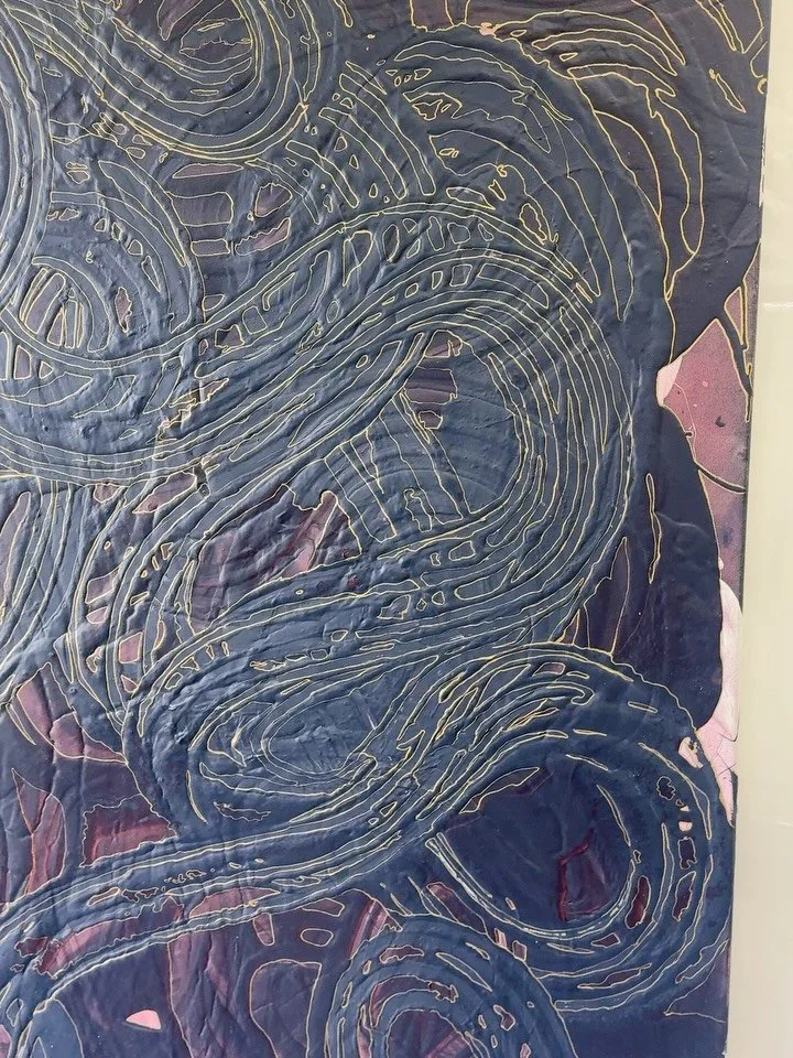 Some photos of &ldquo;Everything Now&rdquo; sitting pretty in my studio, after I framed her with reclaimed wood.

This painting is layers and layers of salvaged paints to build incredible texture, created only with my finger tips, which are then outl