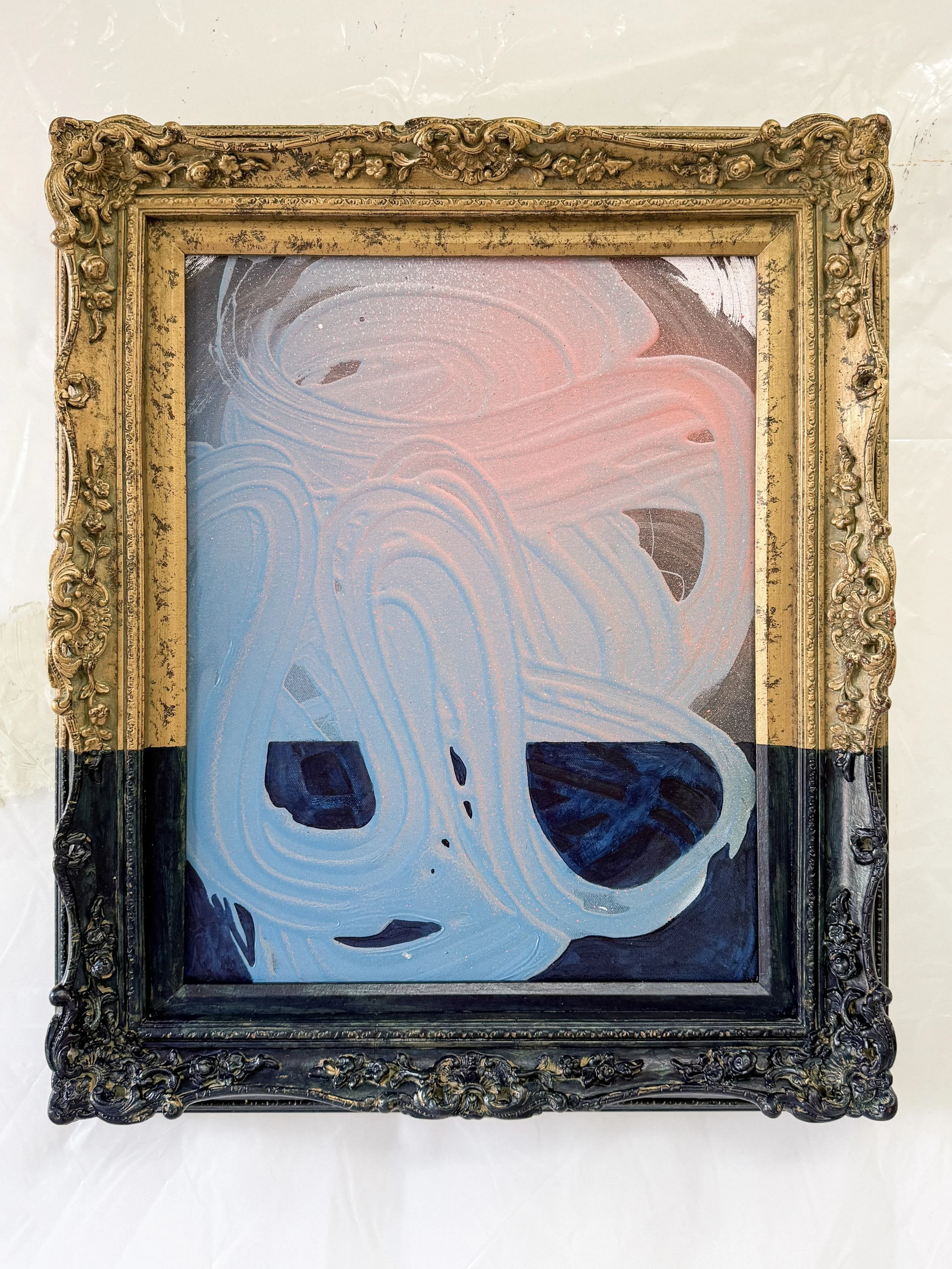 "The Blues", salvaged paints on canvas and antique gilded frame. 26" x 22". Sold via Kai Lin Art Gallery, Atlanta, GA.