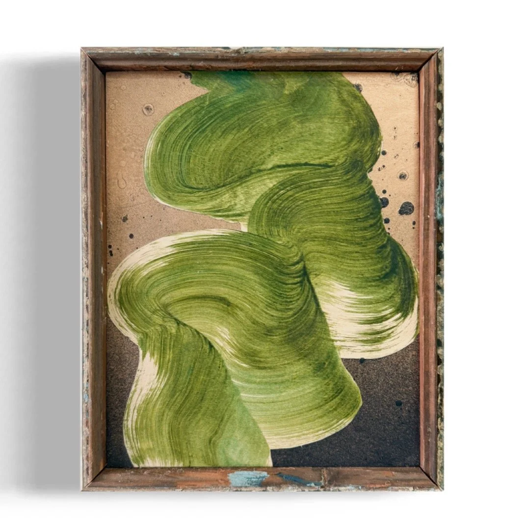 "The Wave", salvaged paints on wood panel with reclaimed wood frame. 9" x 11". 