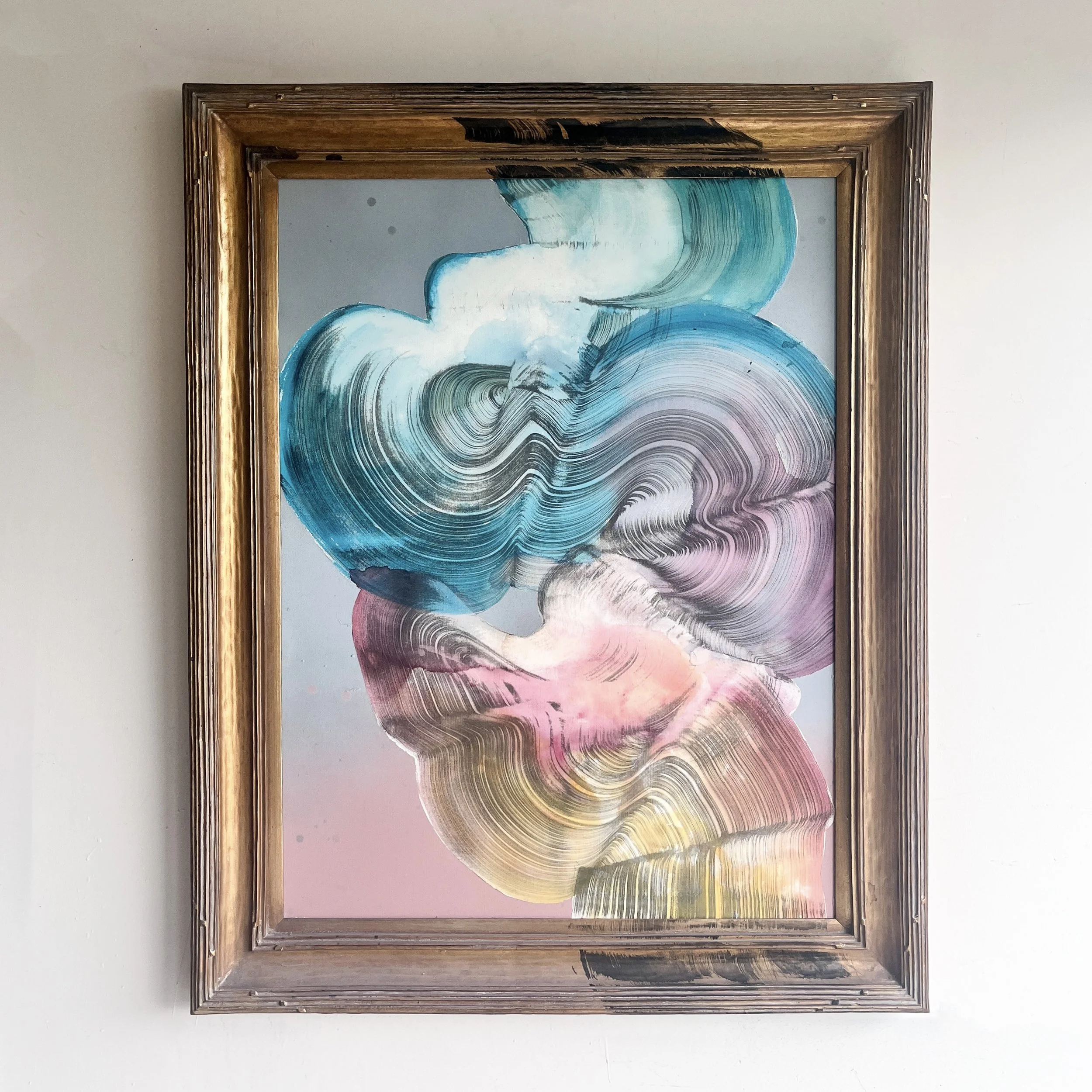 "Dopamine", salvaged paints on canvas and antique gilded frame. 40" x 54"