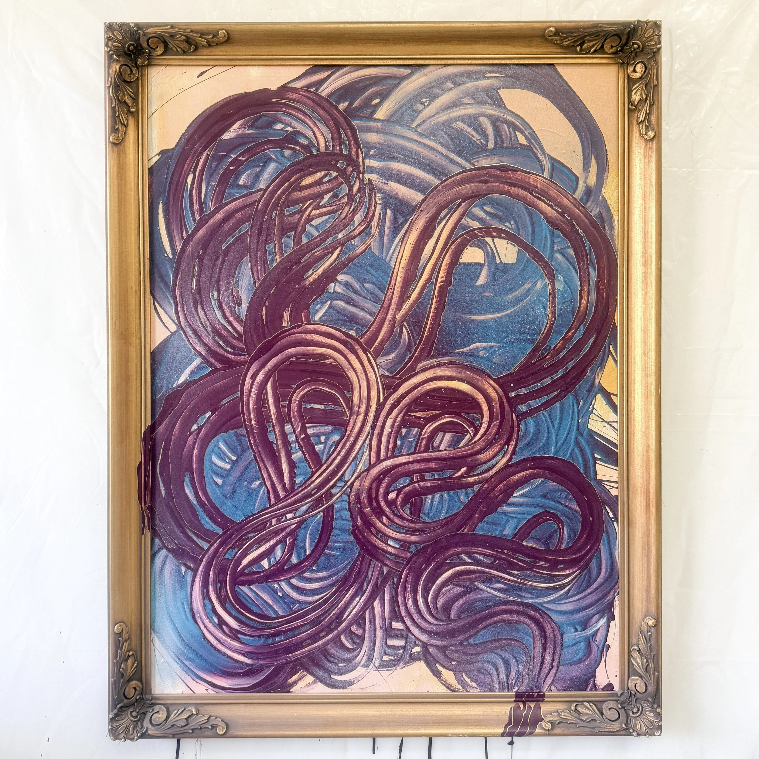 "The More You Change", salvaged paints on canvas and antique guilded frame. 46" x 36". 