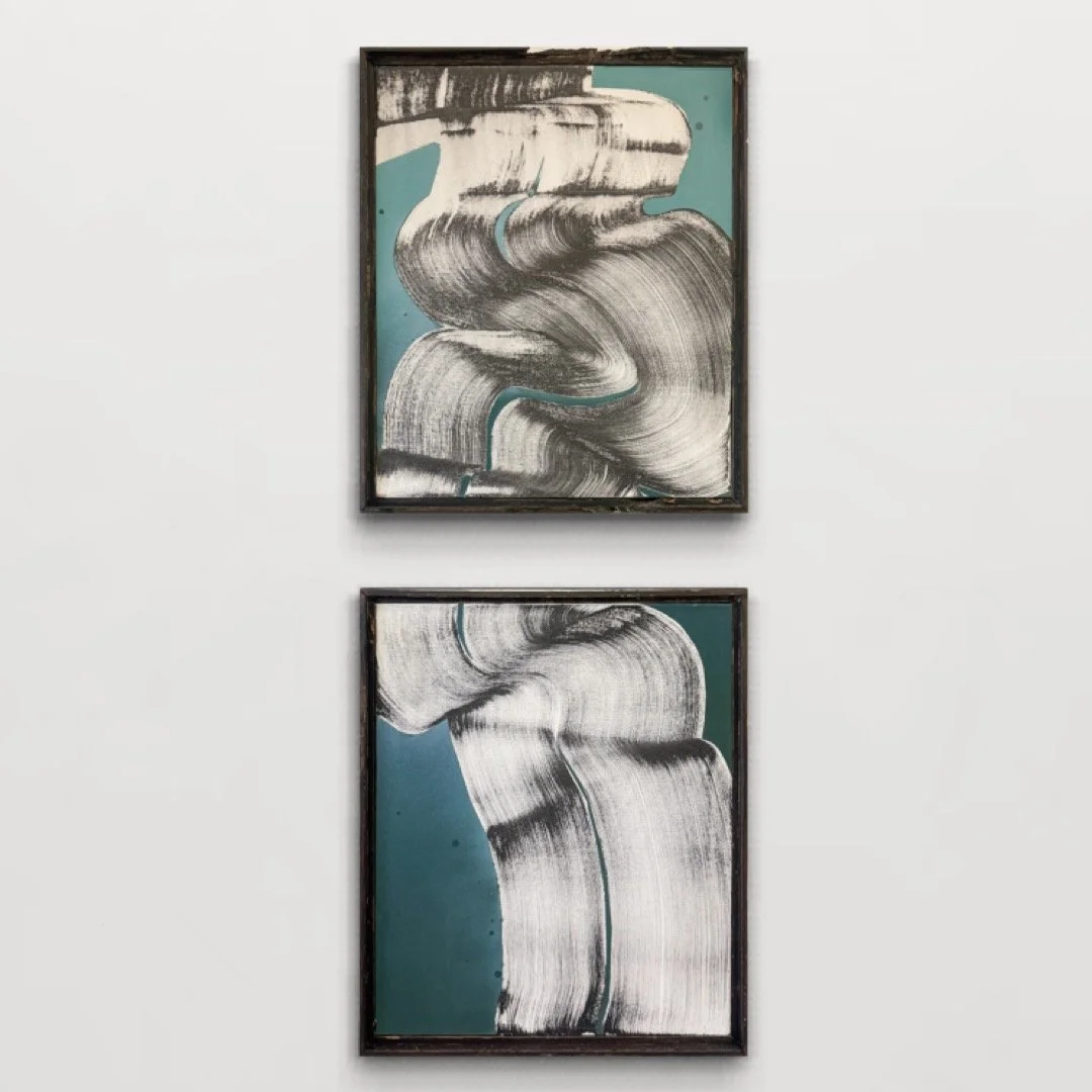 "Never Tear Us Apart", salvaged paints on canvas with reclaimed wood frame. Sold as a pair. 21" x 25" each. Available through Kai Lin Art Gallery, Atlanta, GA. 