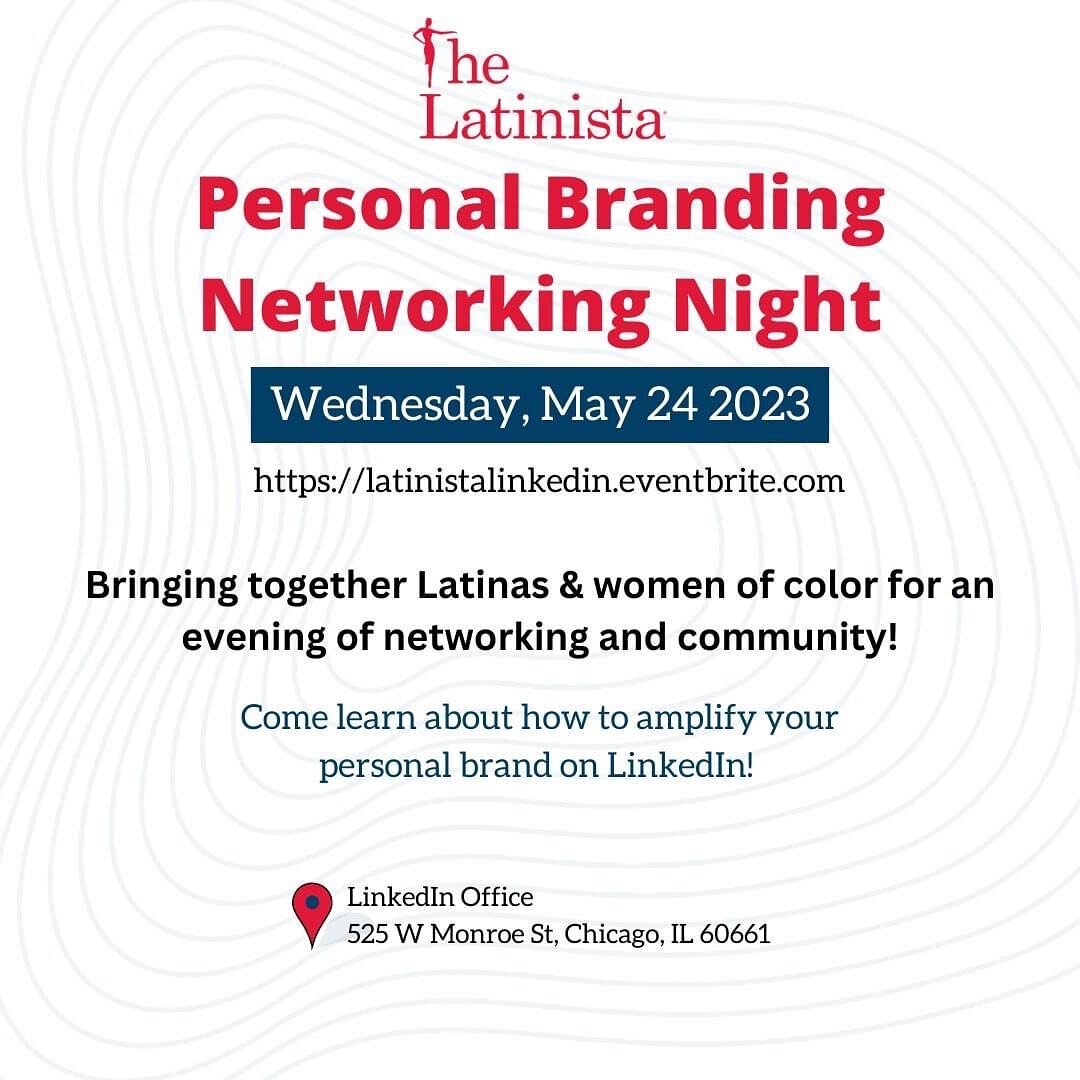 Chicago!! May 24 in person event 🚀

Come learn how to amplify your personal brand on LinkedIn! The Latinista is proud to partner with LinkedIn's Latinx ERG, HOLA, as well as LinkedIn's Black Inclusion Group, BIG.
☝️Hear from LinkedIn employees and L