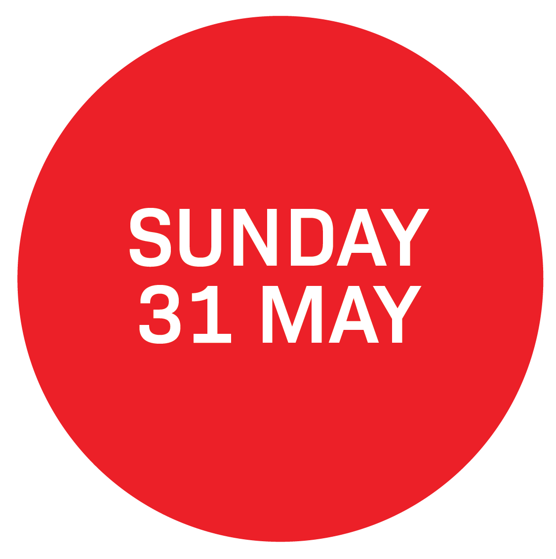 Red circle calendar icon displaying the day and date: Sunday, 31 May.
