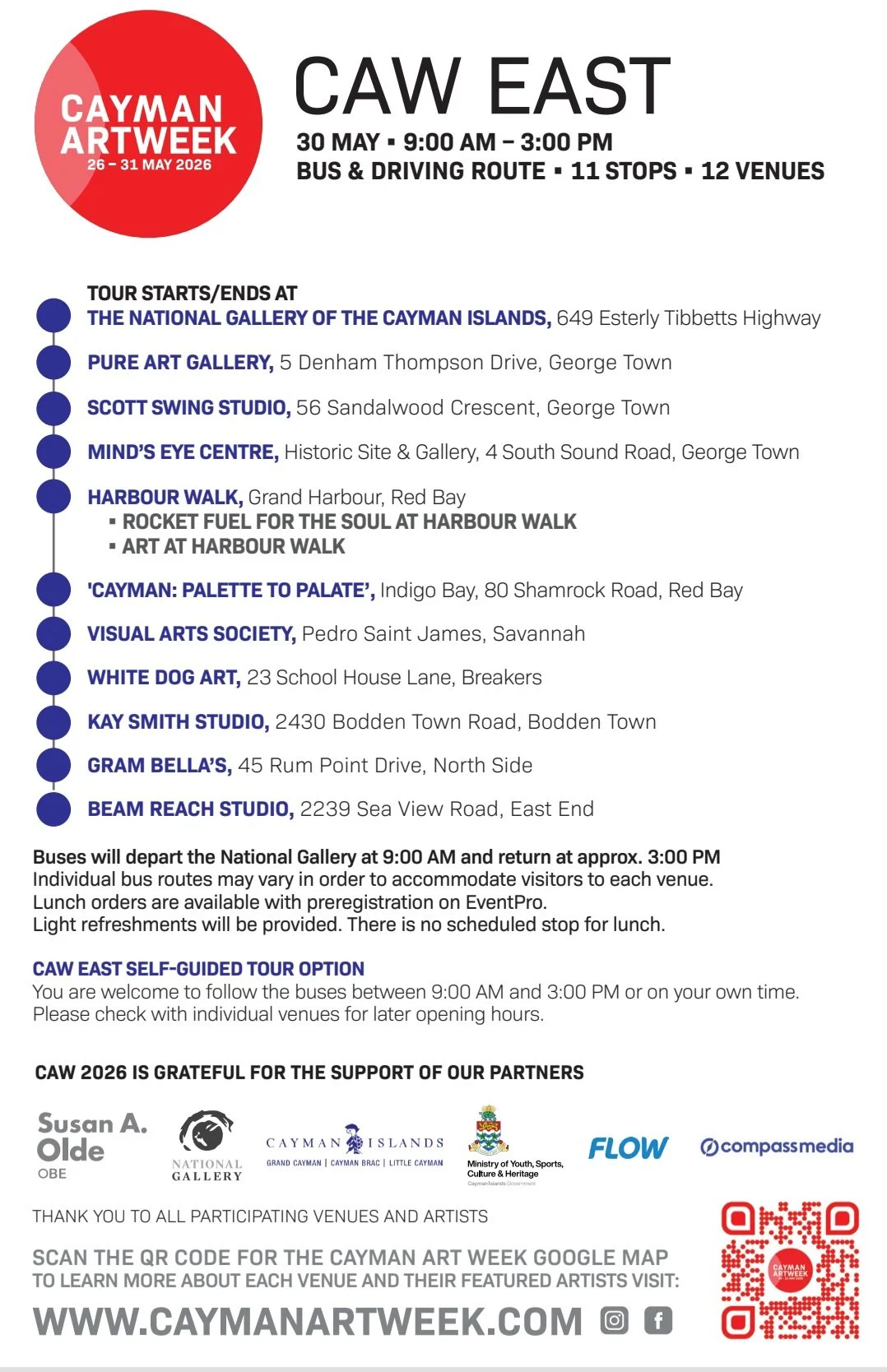 Event flyer for Cayman Art Week 2026, featuring a red circular logo with white text, and a schedule of art-related tours and venues in Cayman Islands on May 30 from 9:00 AM to 3:00 PM.