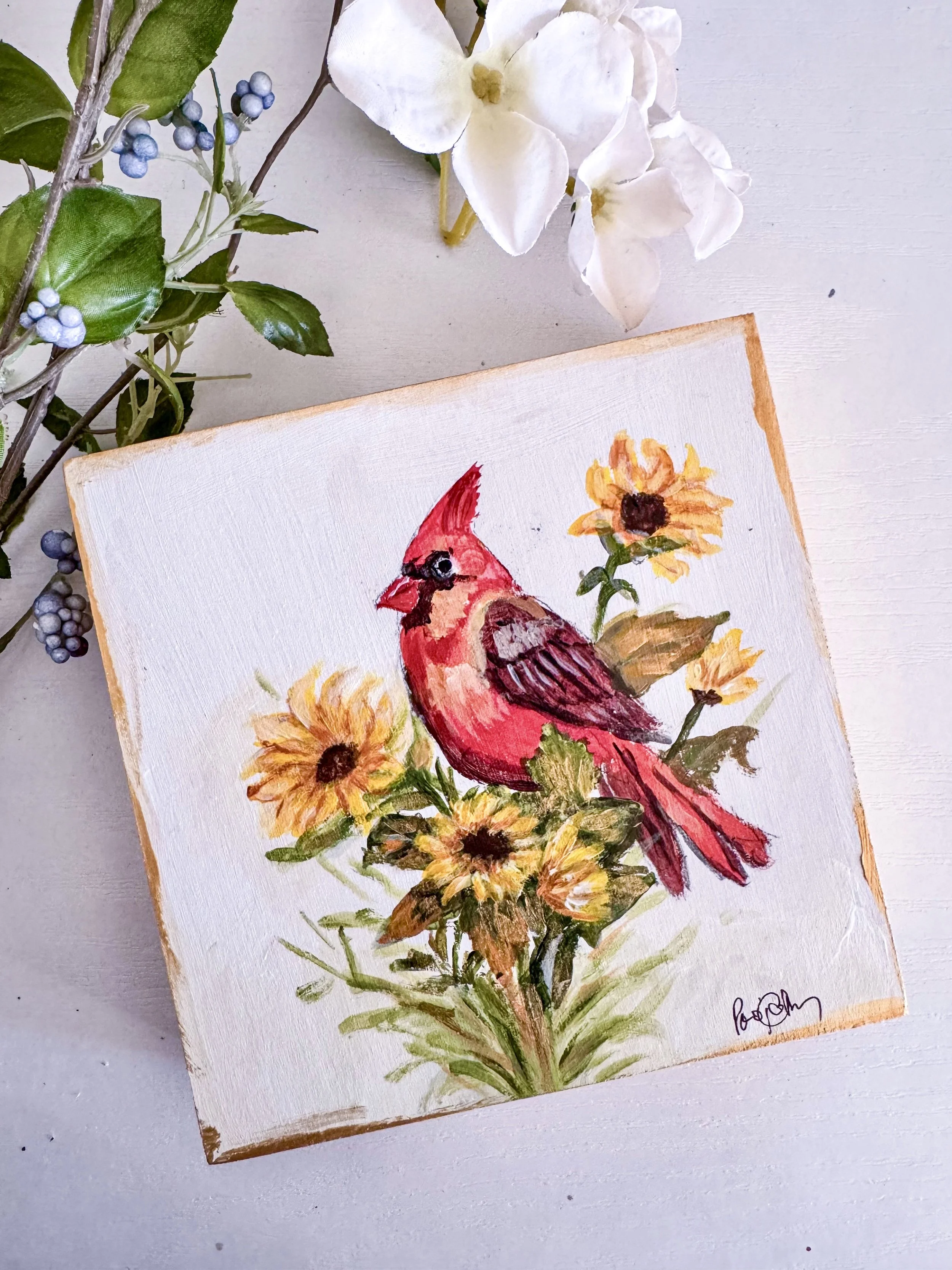 Acrylic painting of Cardinal in Sunflower by Charlotte, NC Artist Pooja Roy-4.jpg