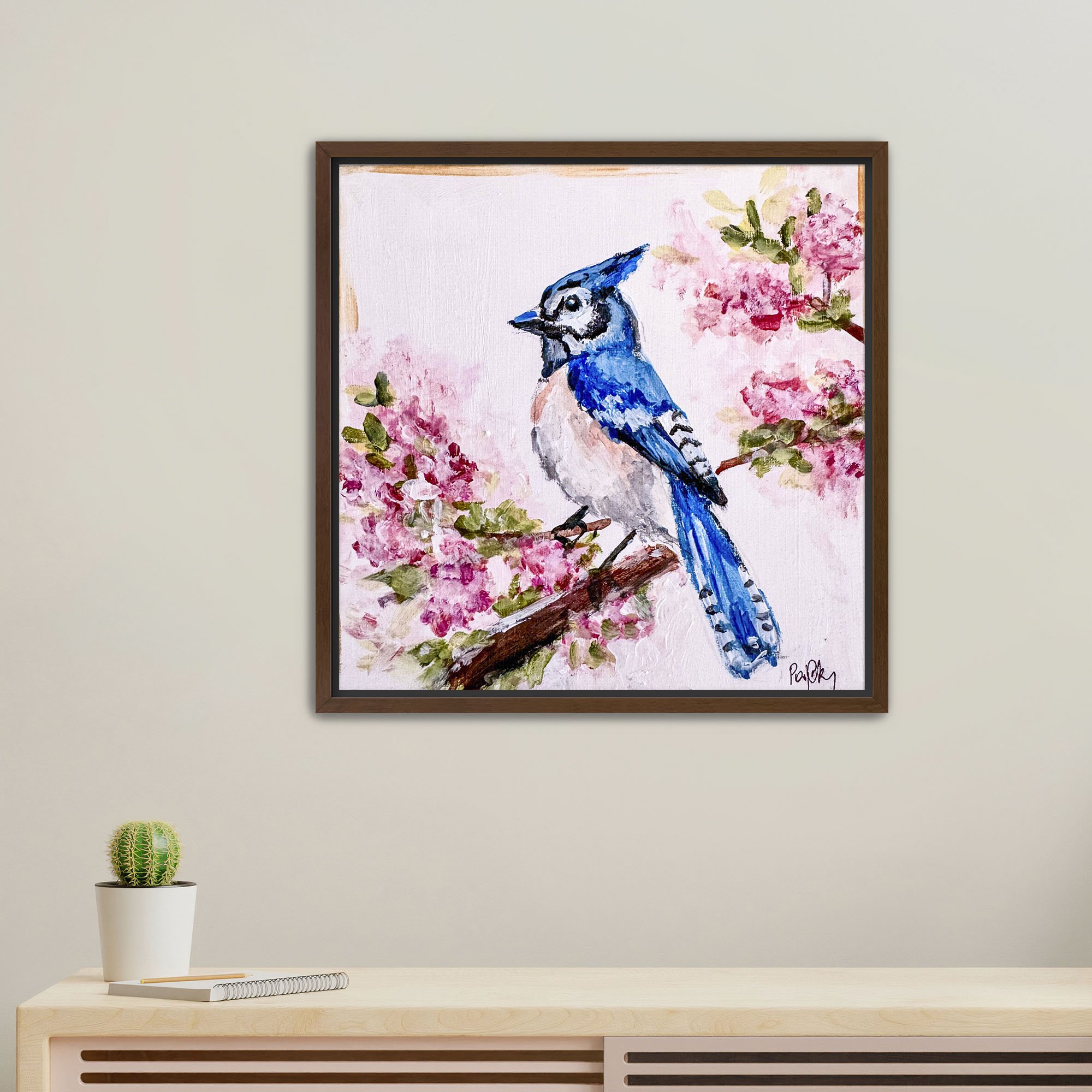 Bluejay in Autumn Hydrangeas Print framed Walnut.jpg