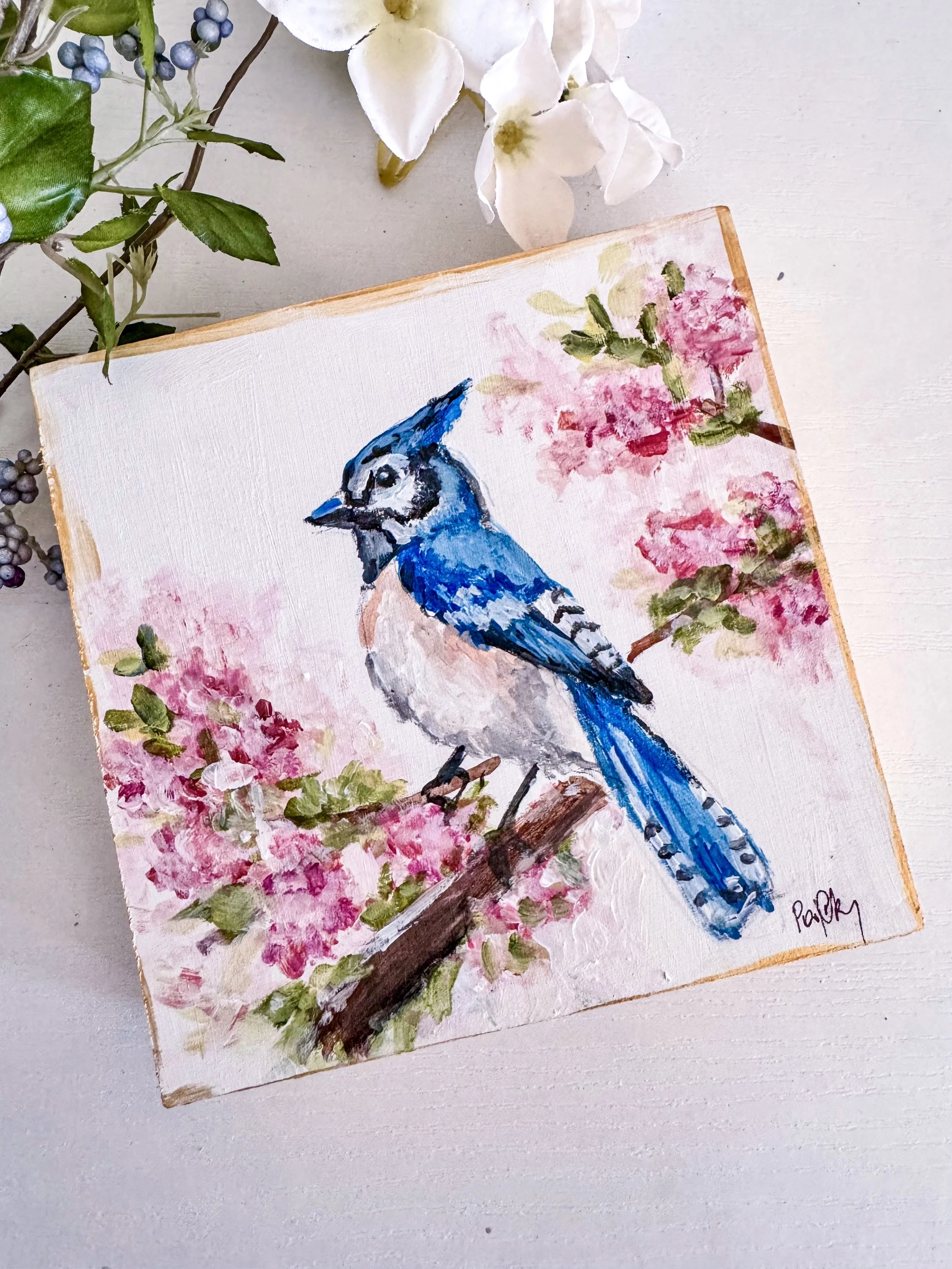 Acrylic painting of Bluejay in Autumn Hydrangeas by Charlotte, NC Artist Pooja Roy-4.jpg