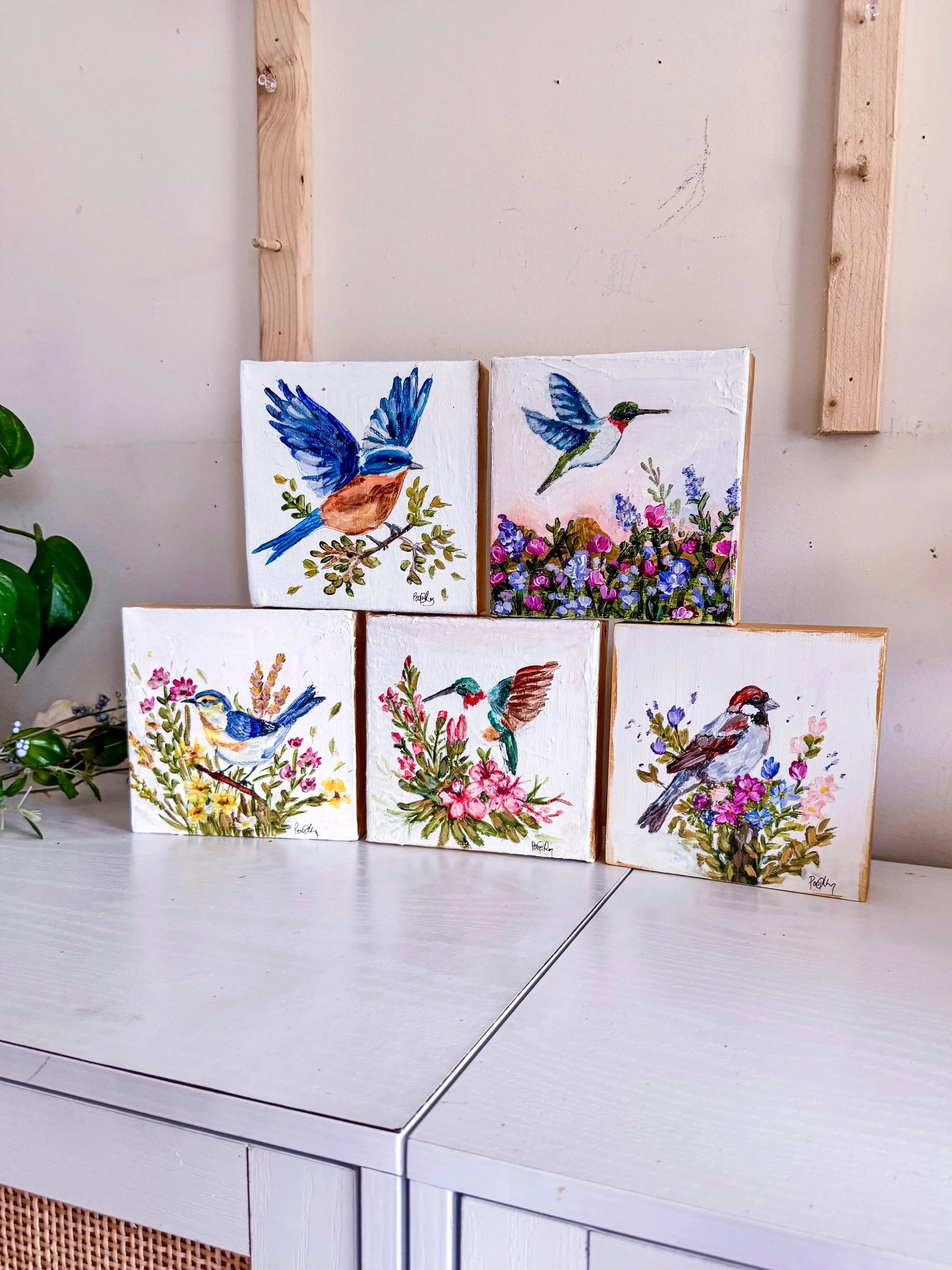 Charlotte, NC Artist Pooja Roy's Acrylic Painting collection of birds and wildflowers