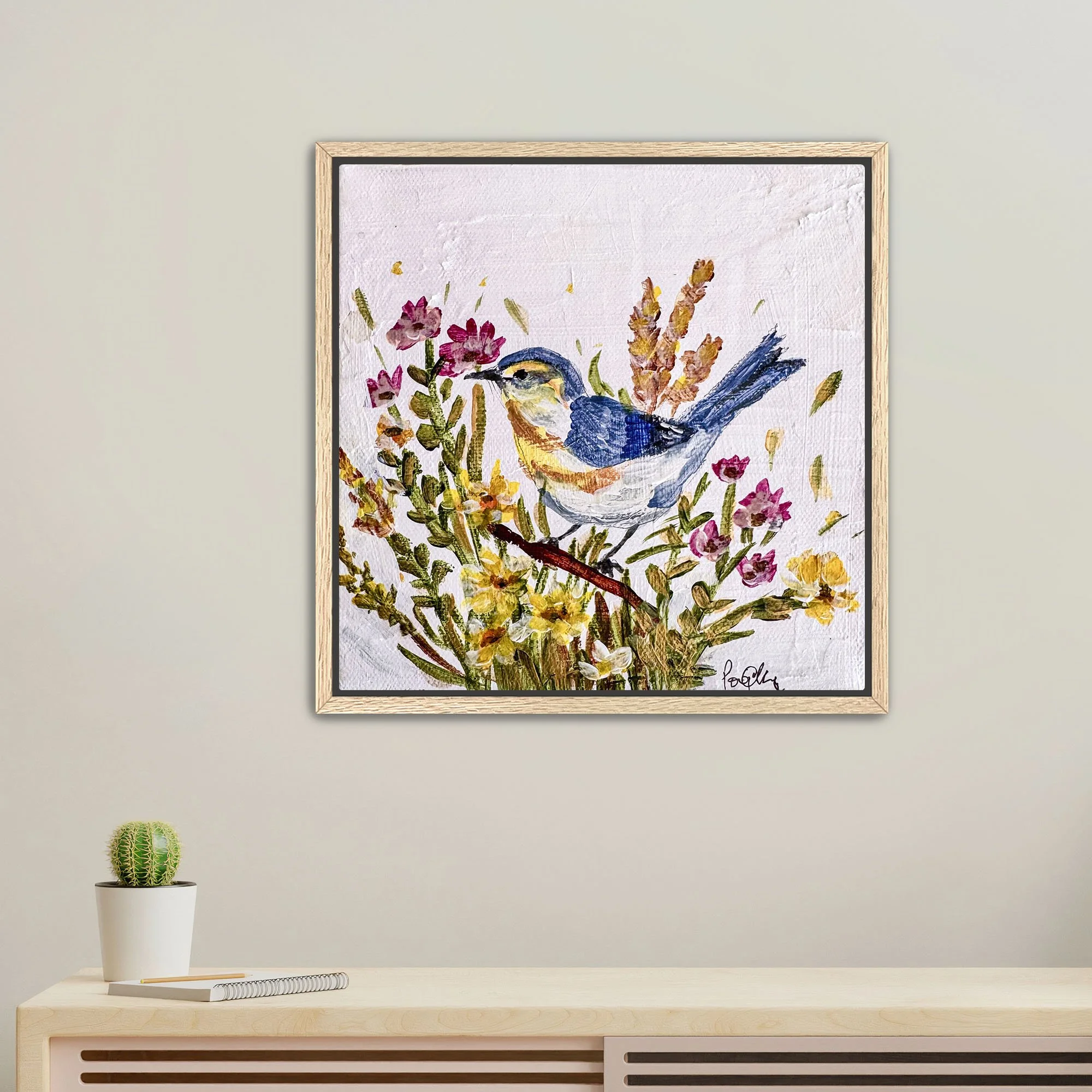Bluebird in Wildflower Meadow Print framed oak.jpg