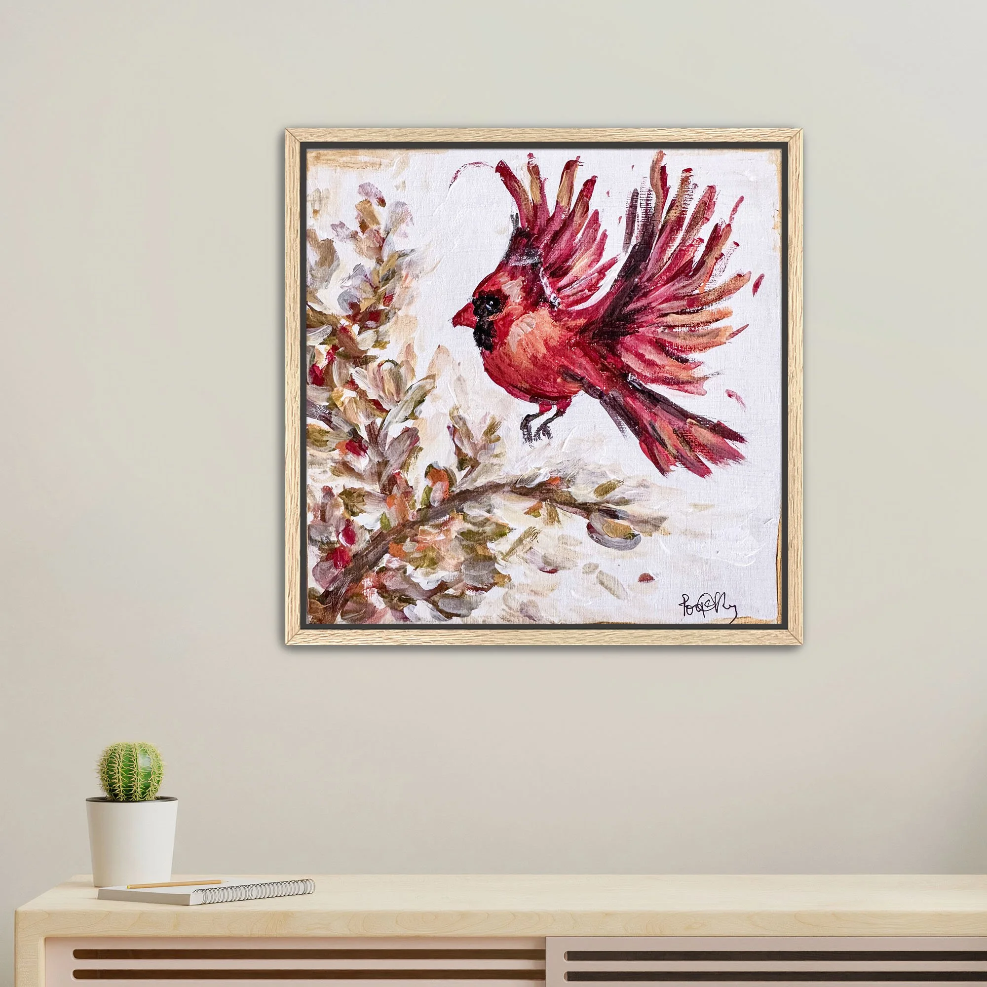 Flying Cardinal Print framed oak.jpg