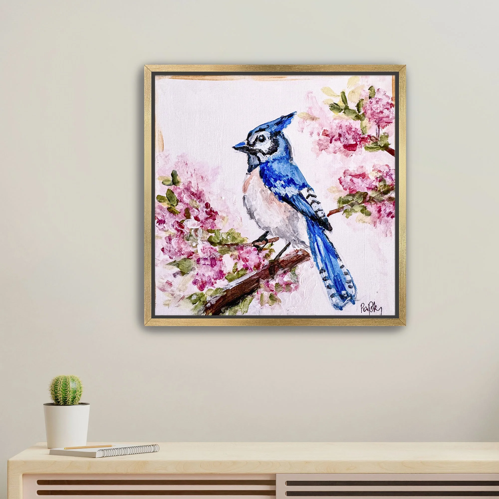 Bluejay in Autumn Hydrangeas Print framed Gold.jpg