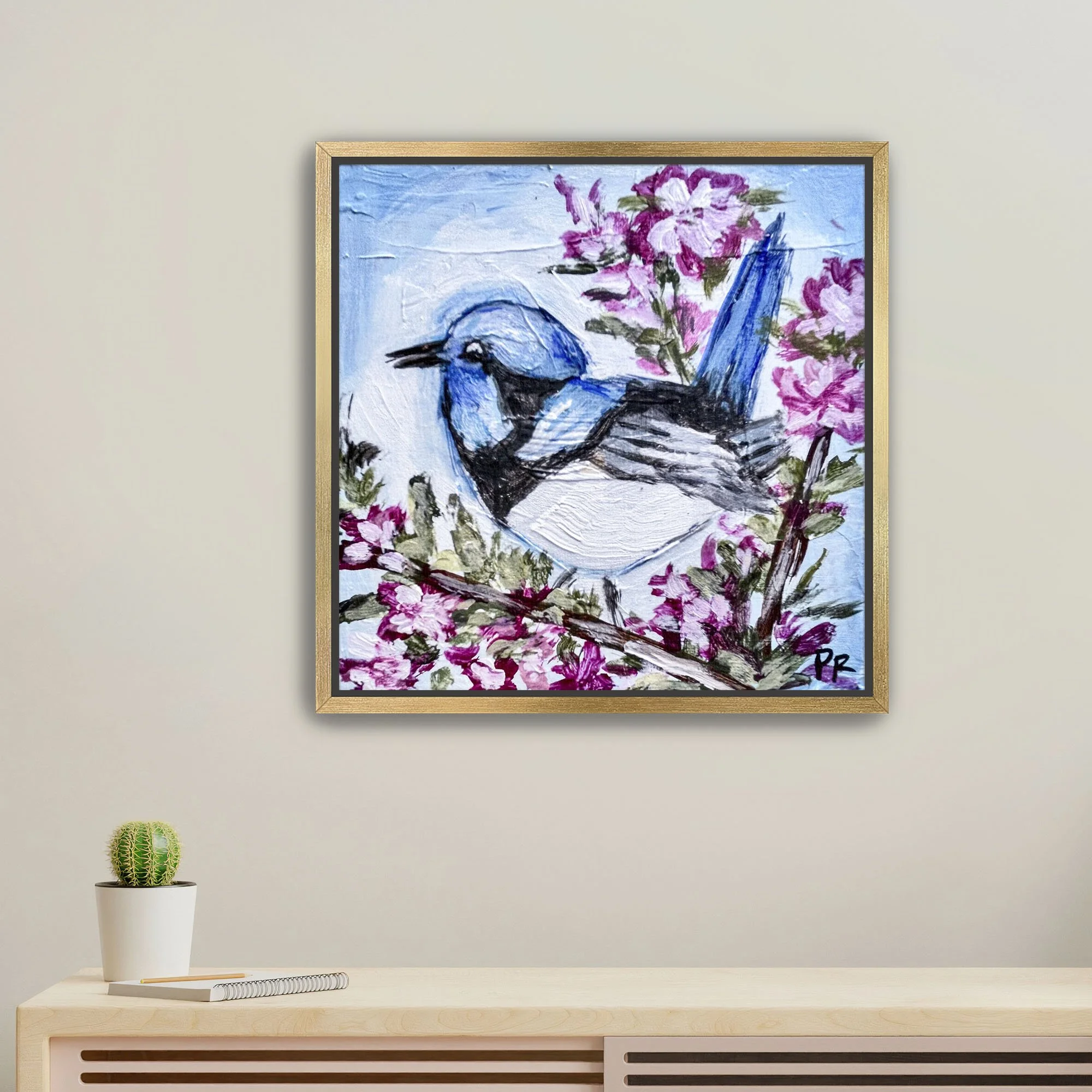 Blue Wren Bird Print framed gold.jpg