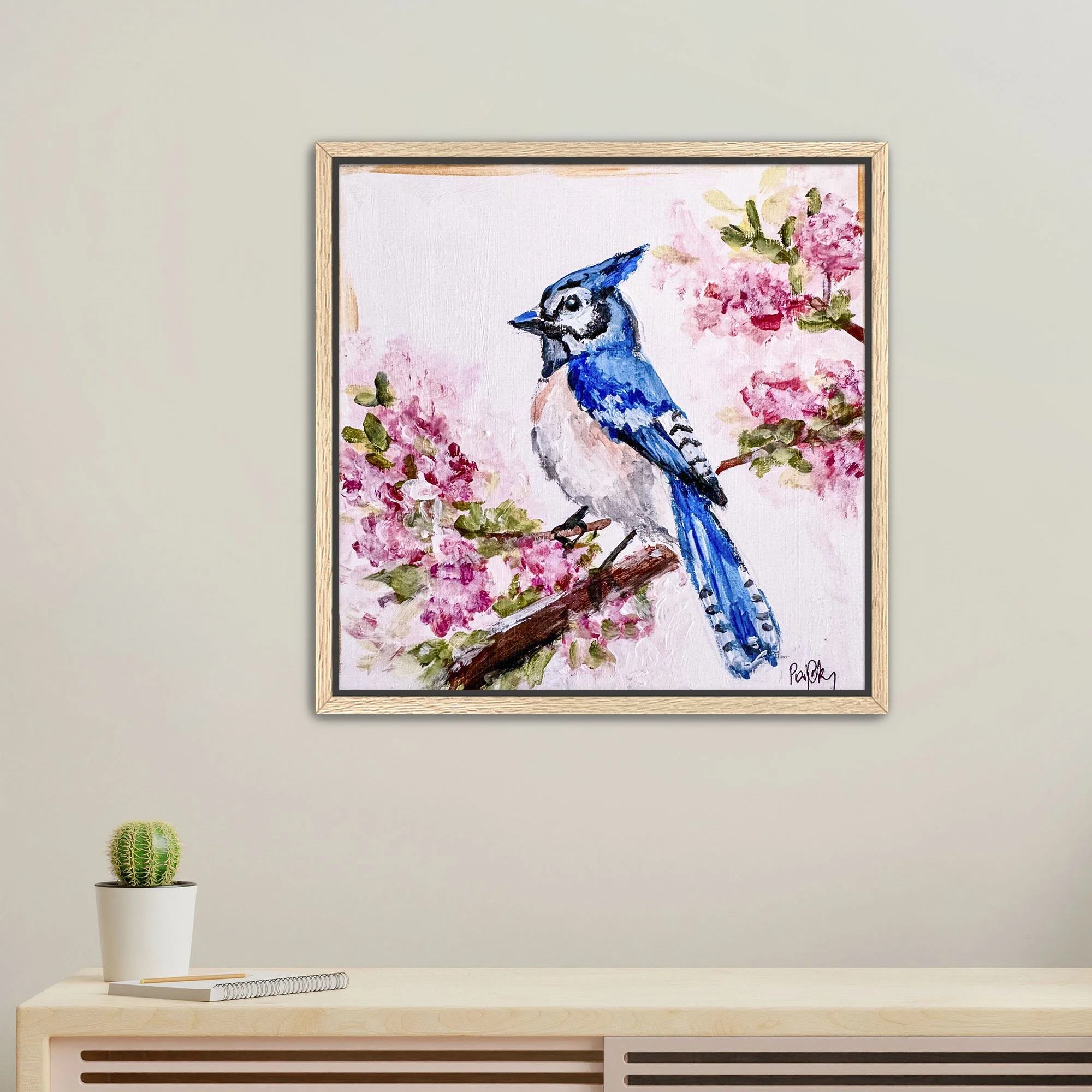 Bluejay in Autumn Hydrangeas Print framed Oak.jpg