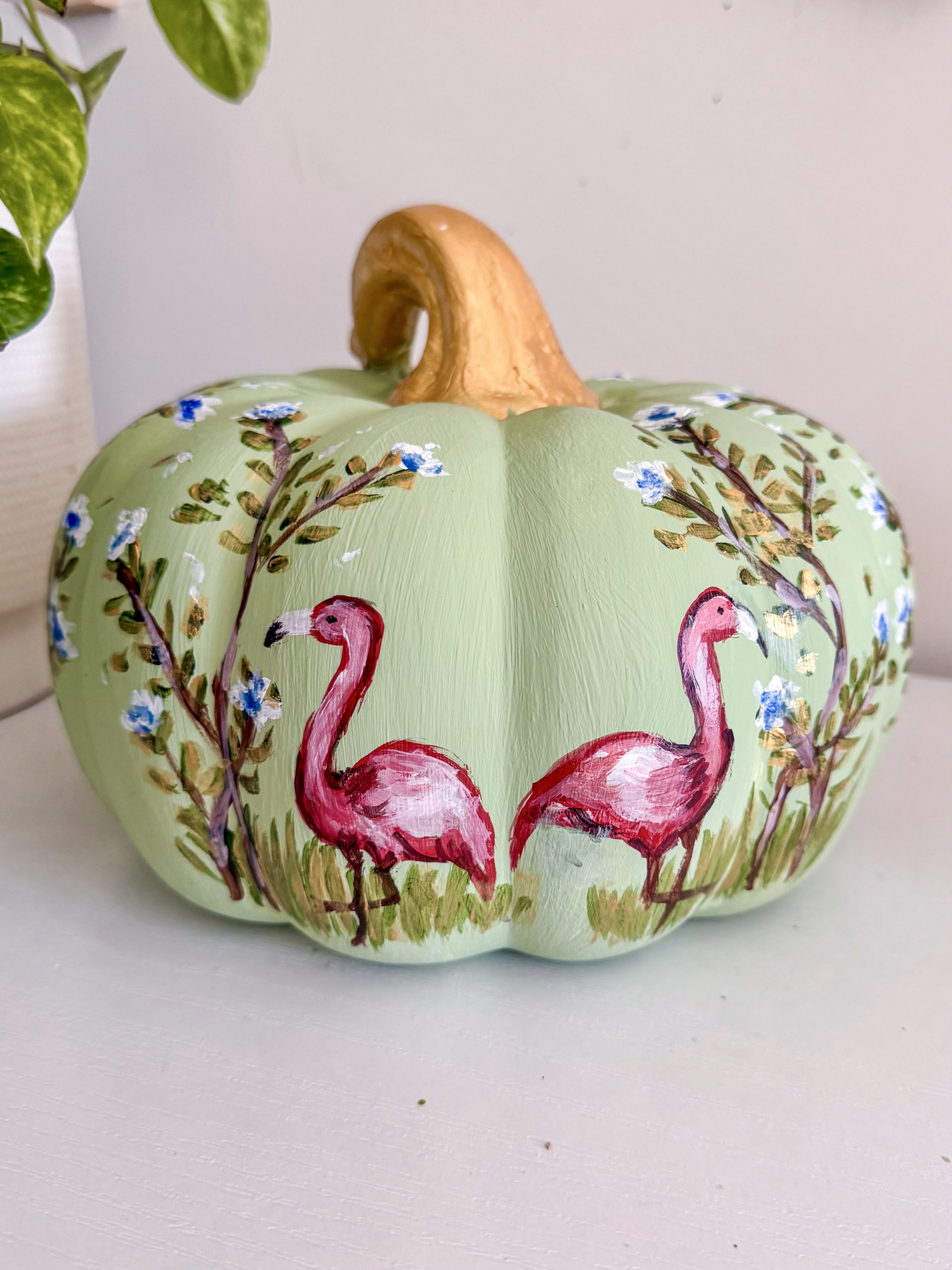 Green Flamingo Chinoiserie Pumpkin large by Charlotte, NC Artist Pooja Roy-1.jpg