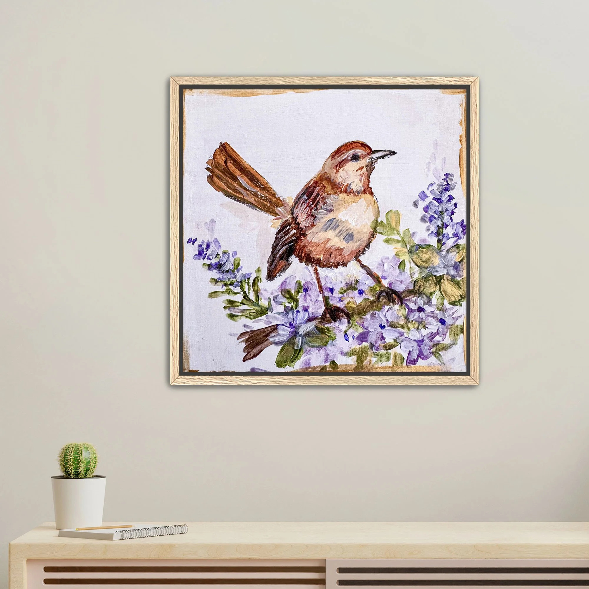Robin bird and Purple Flowers Print framed Oak.jpg