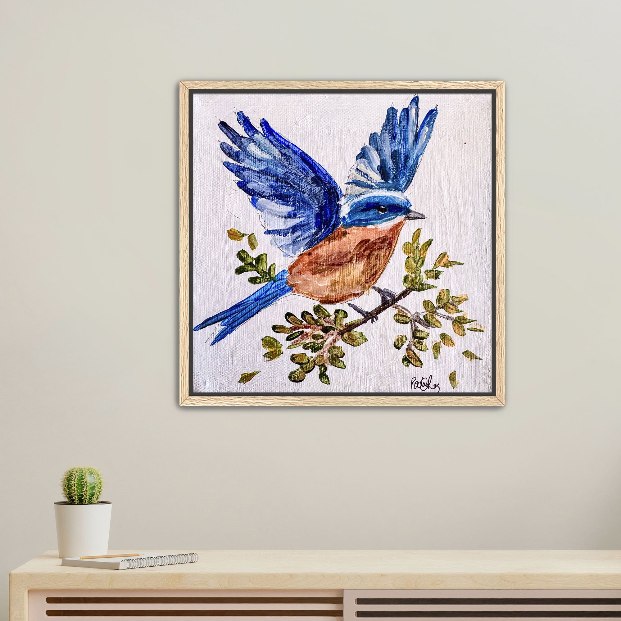 Blue Bird in Flight Print Framed Oak.jpg