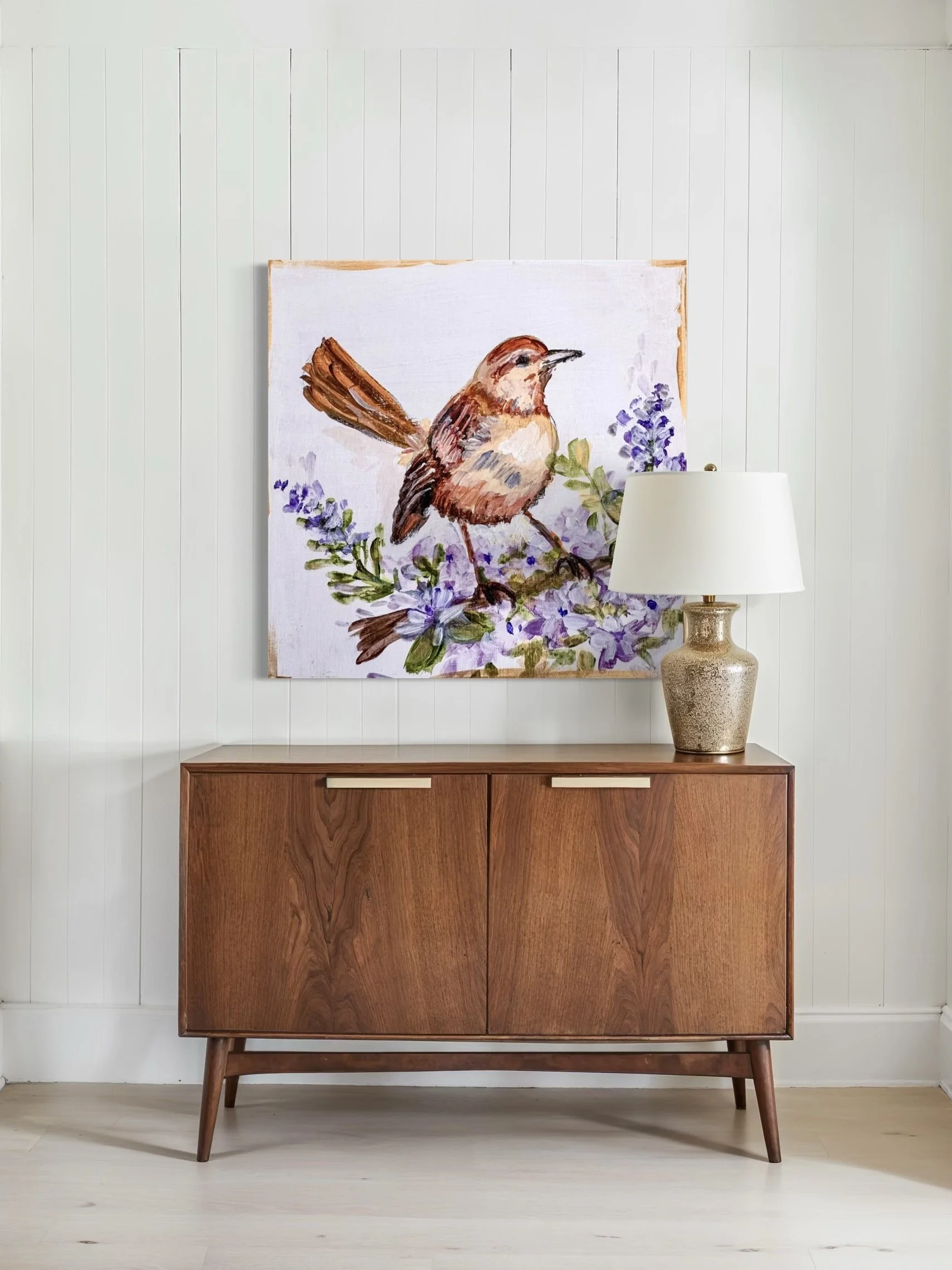 Robin bird and Purple Flowers Art Print by Charlotte, NC Artist Pooja Roy-2.jpg