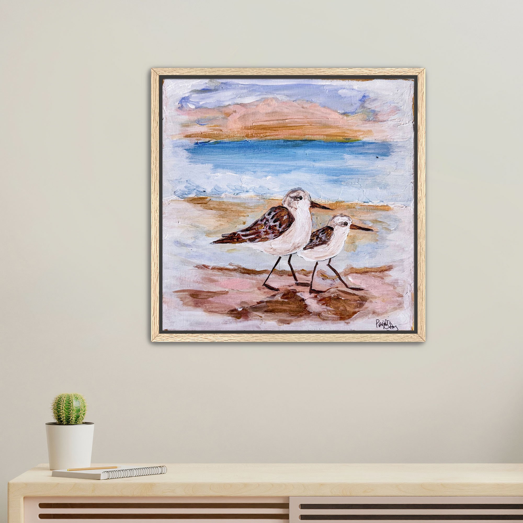 Scurrying Sandpipers Print framed Oak.jpg