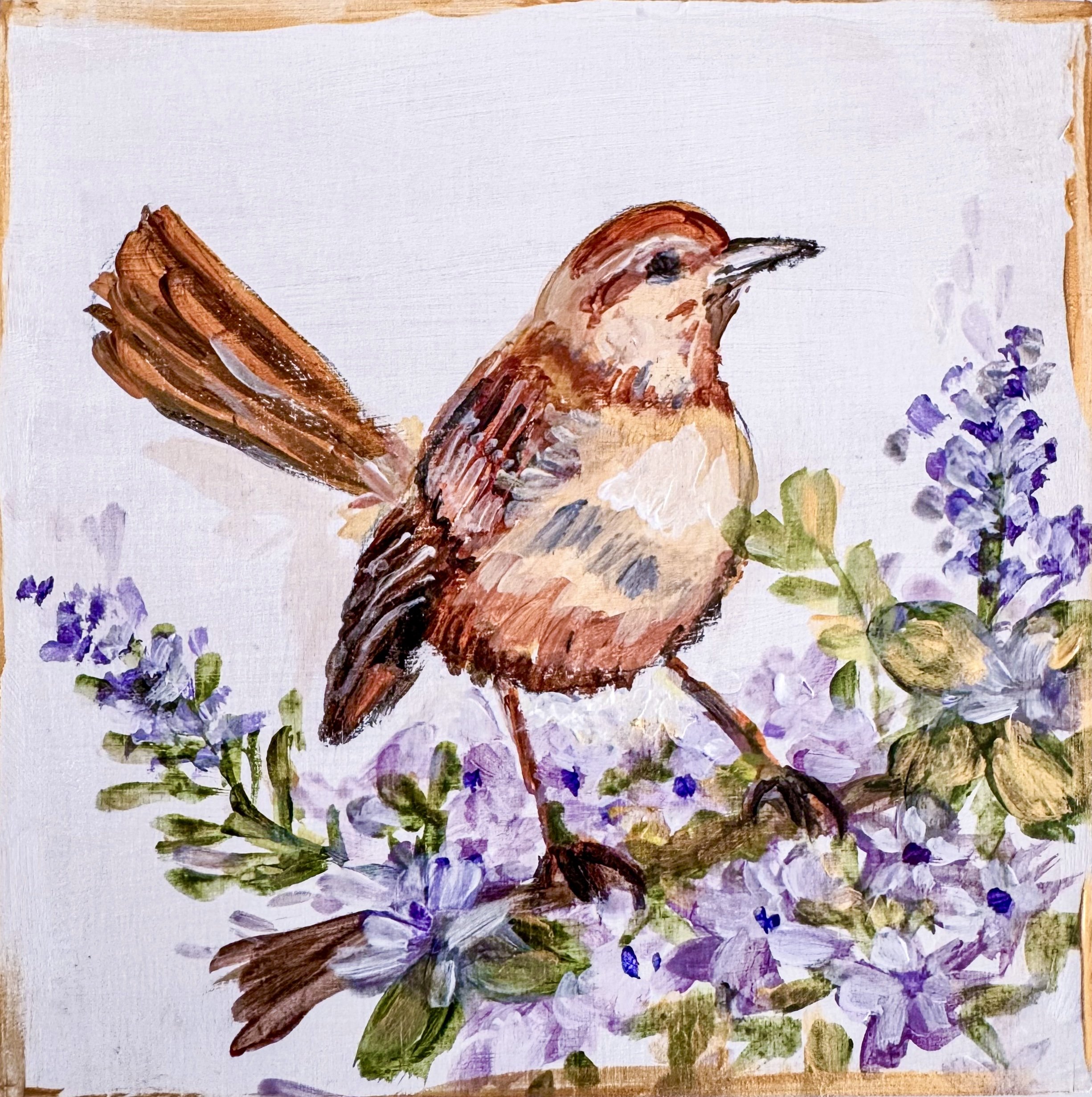 Closeup Acrylic painting of Robin bird and Purple Flowers by Charlotte, NC Artist Pooja Roy-1.JPG.jpg