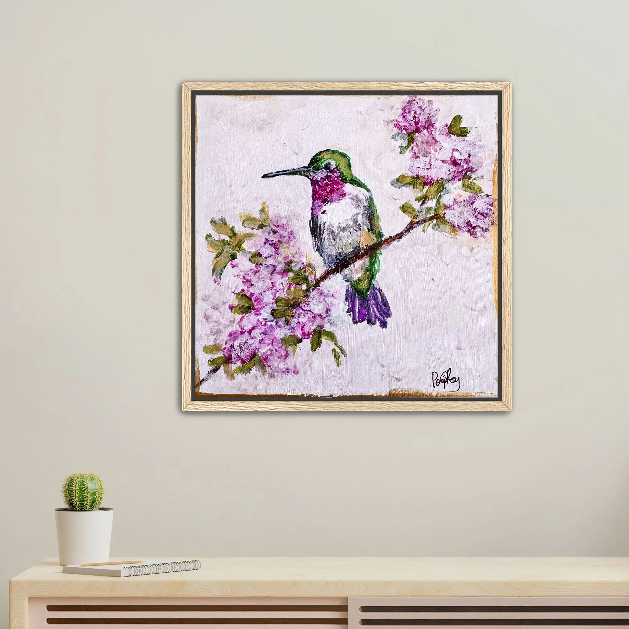 Hummingbird in Autumn Hydrangeas Print Framed Oak.jpg