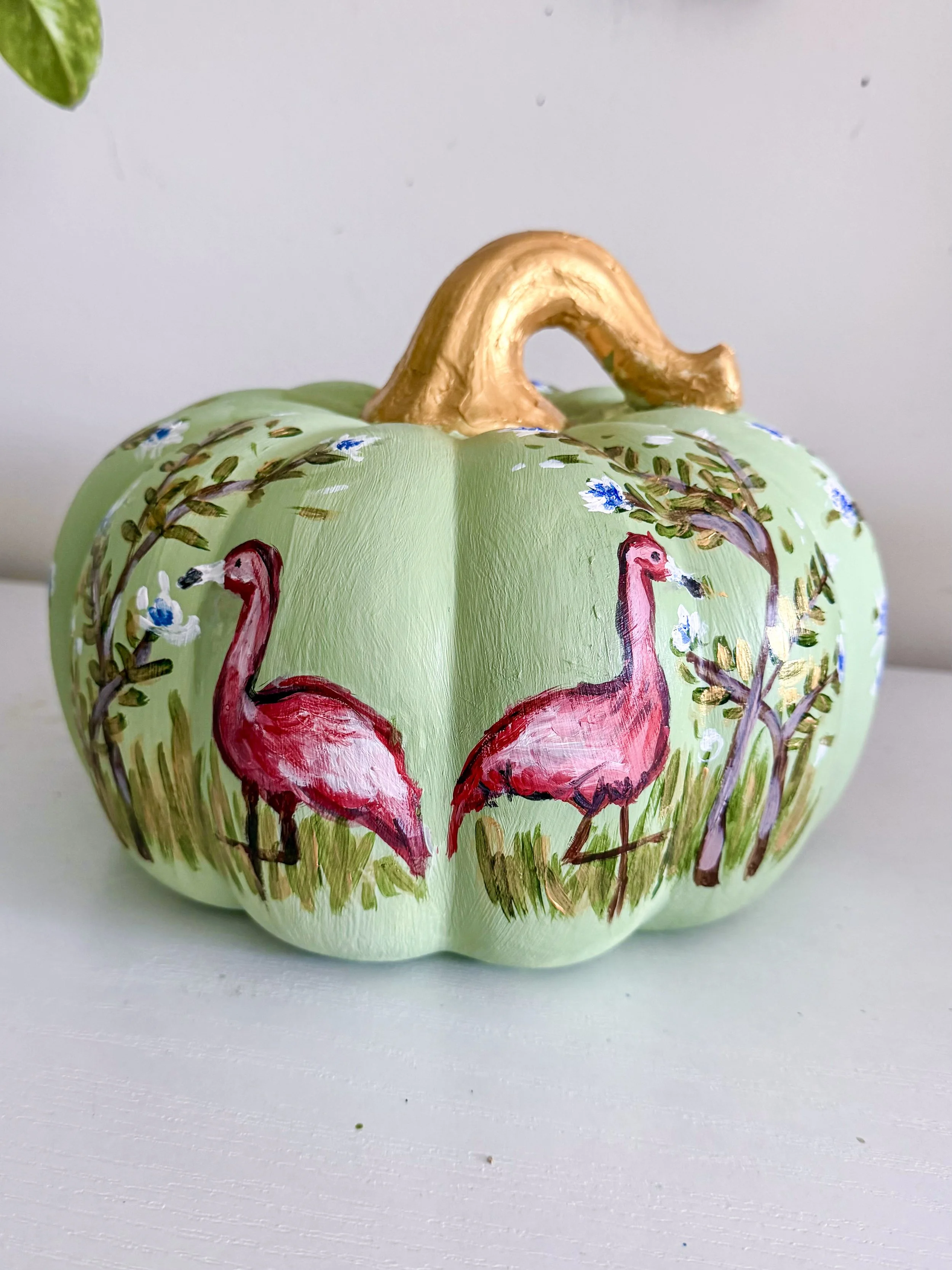 Green Flamingo Chinoiserie Pumpkin large by Charlotte, NC Artist Pooja Roy-2.jpg
