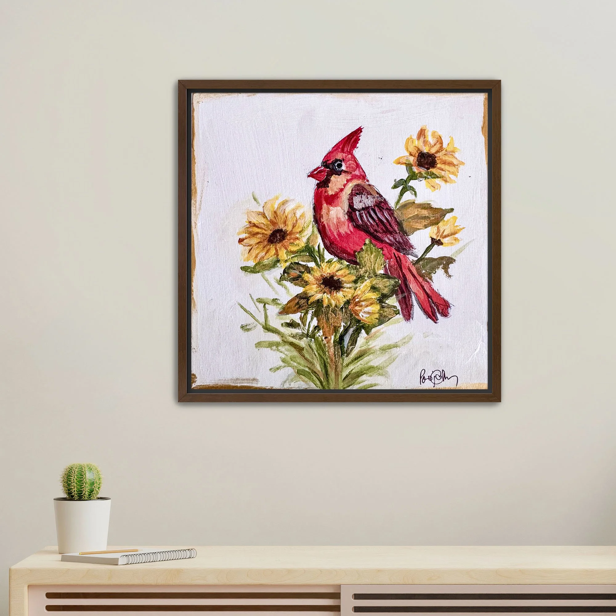 Cardinal in Sunflower Print framed Walnut.jpg