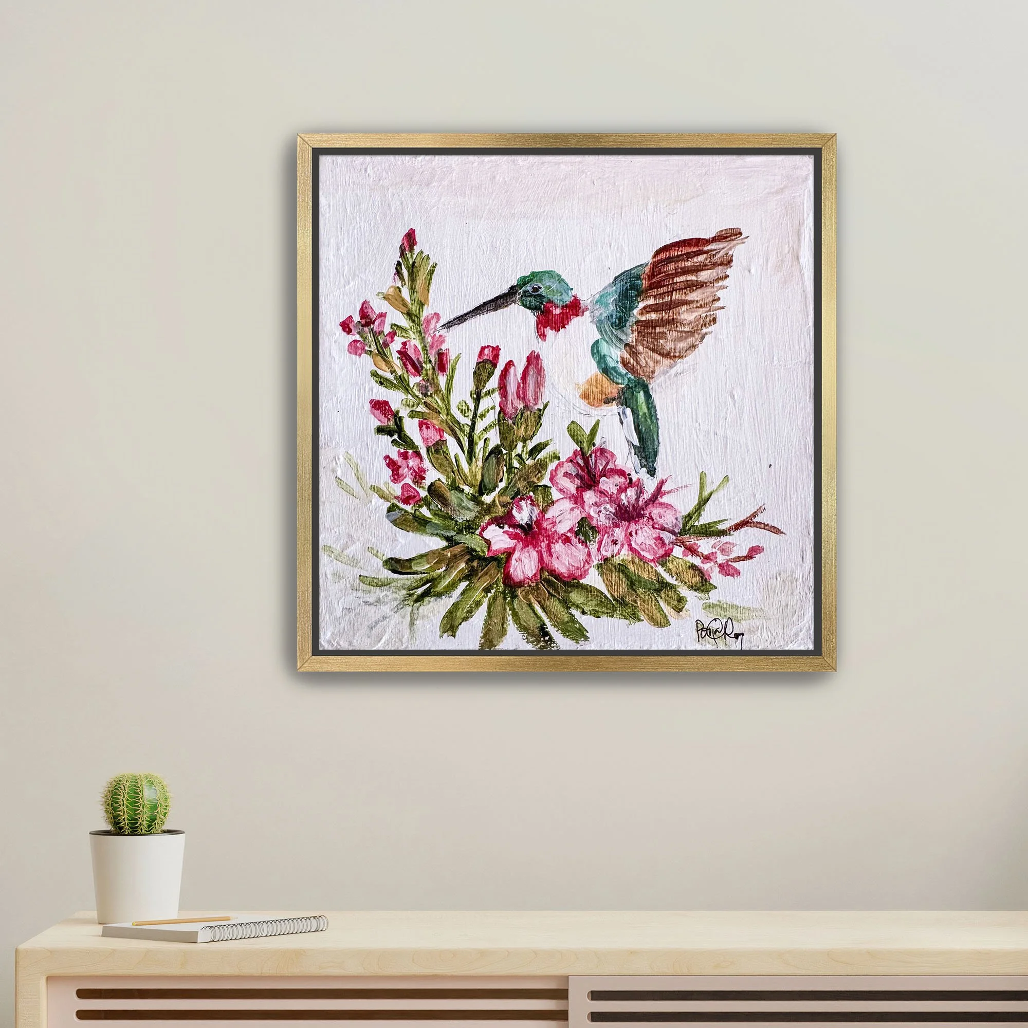 Hummingbird in Blooms framed gold.jpg