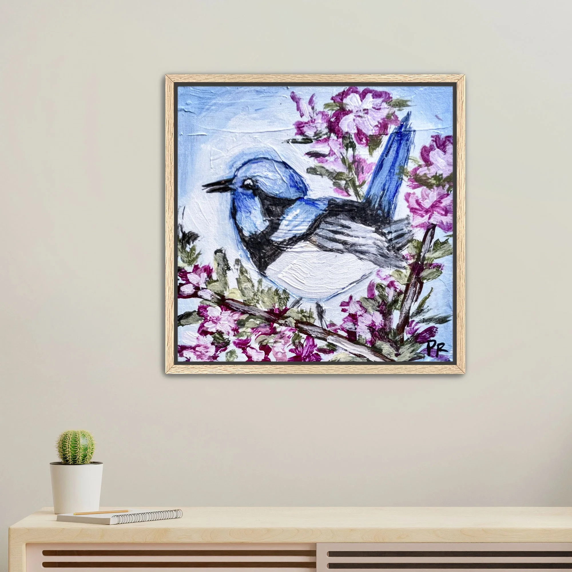 Blue Wren Bird Print framed oak.jpg