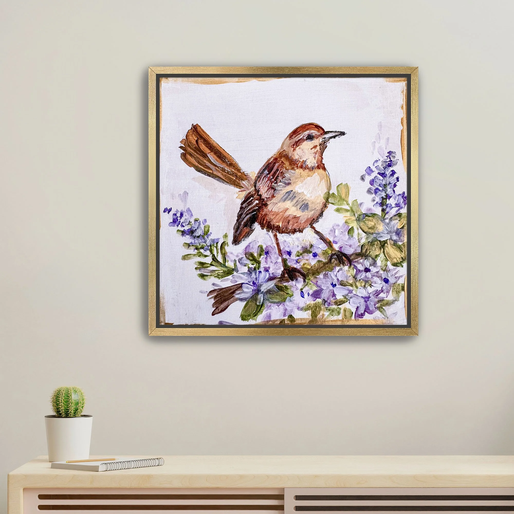 Robin bird and Purple Flowers Print framed gold.jpg