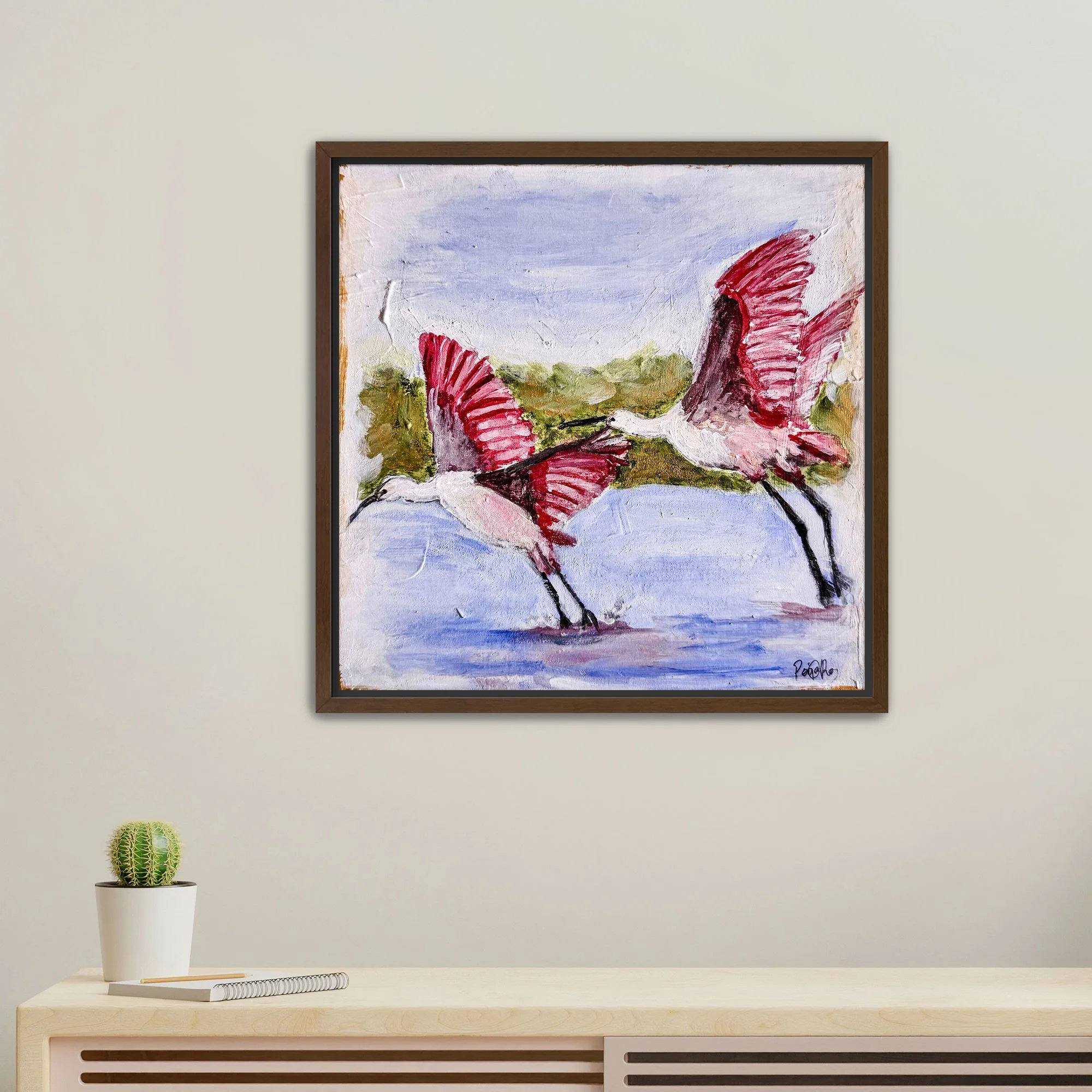 Flying Roseate Spoonbills framed walnut.jpg