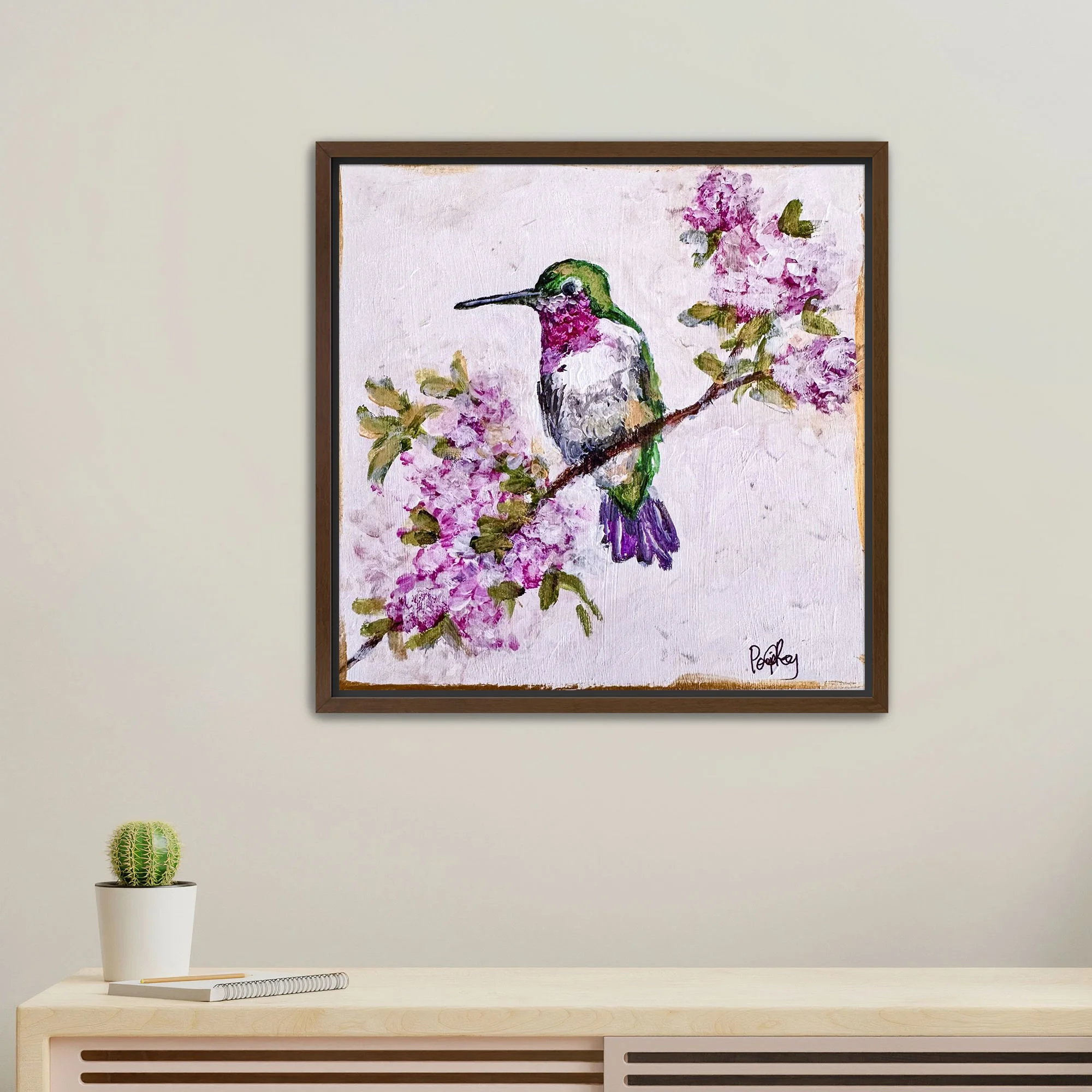 Hummingbird in Autumn Hydrangeas Print Framed Walnut.jpg