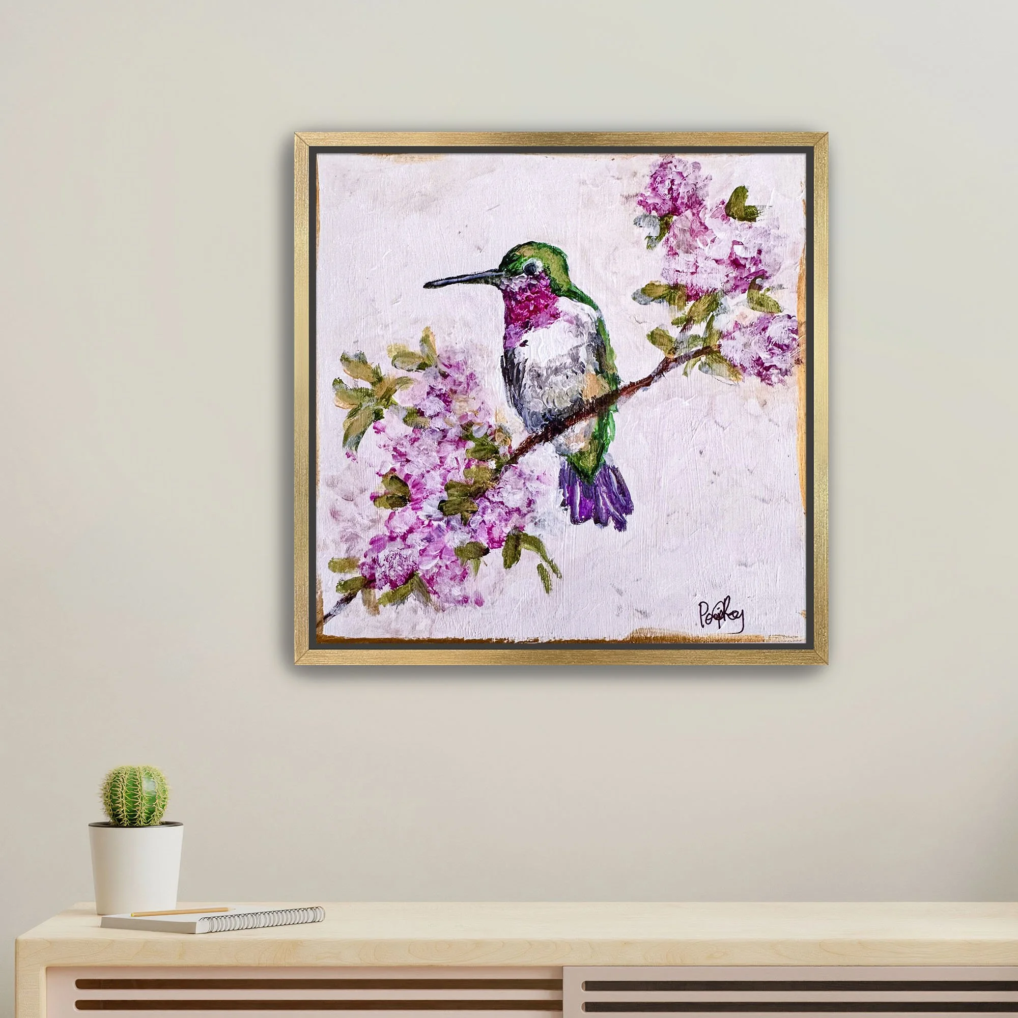 Hummingbird in Autumn Hydrangeas Print Framed Gold.jpg