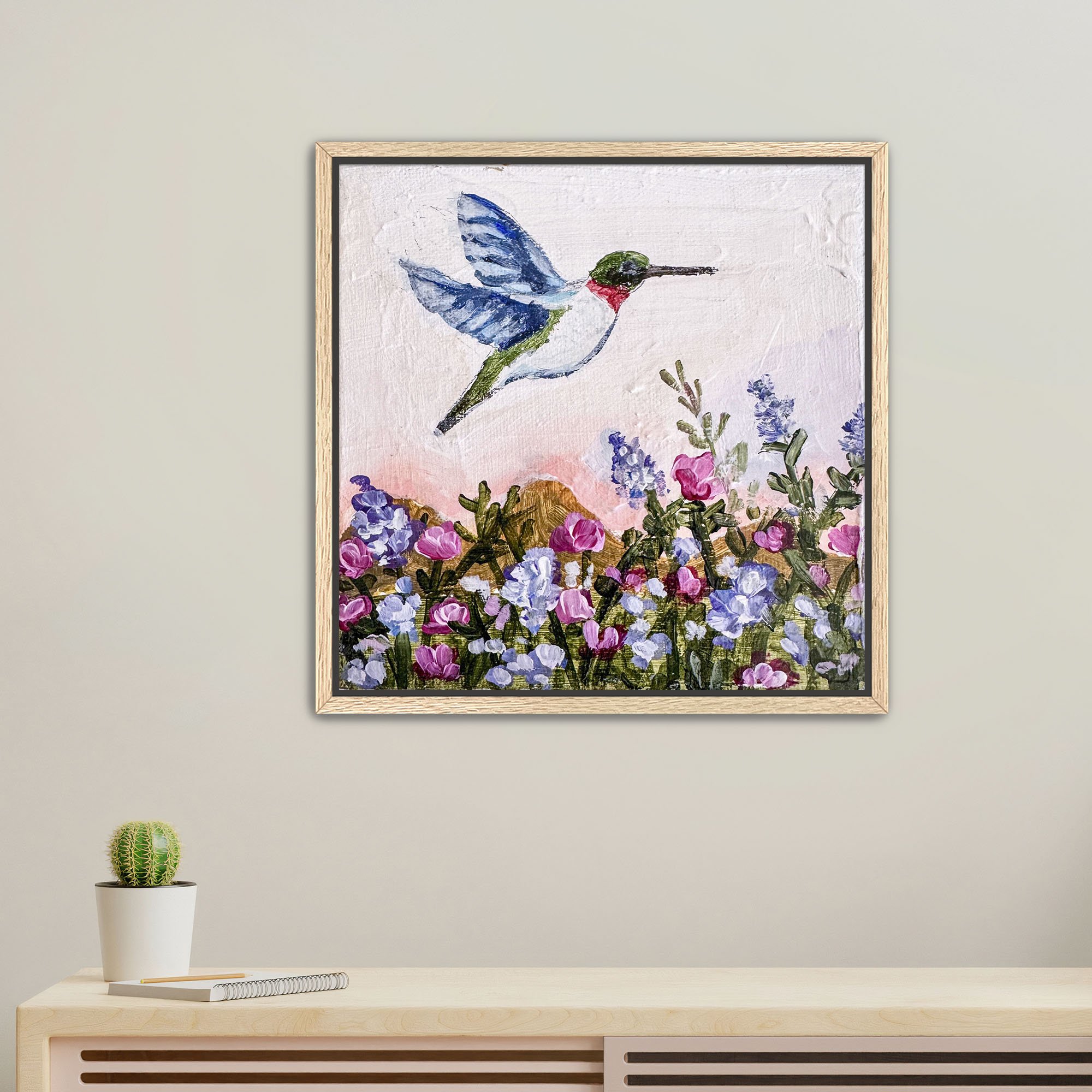 Hummingbird in Flight Print framed Oak.jpg