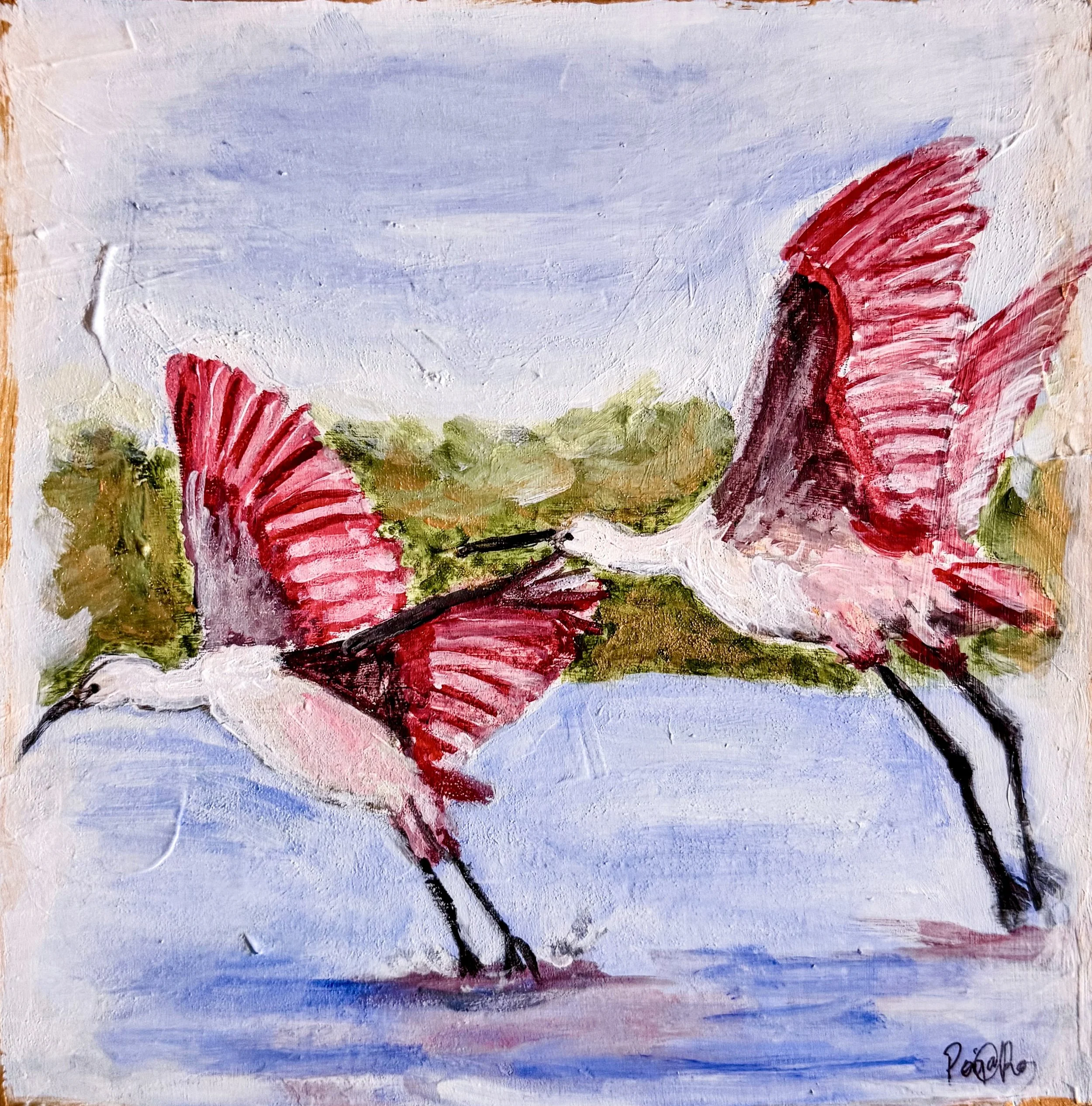 Closeup Acrylic painting of Flying Roseate Spoonbills by Charlotte, NC Artist Pooja Roy.jpg