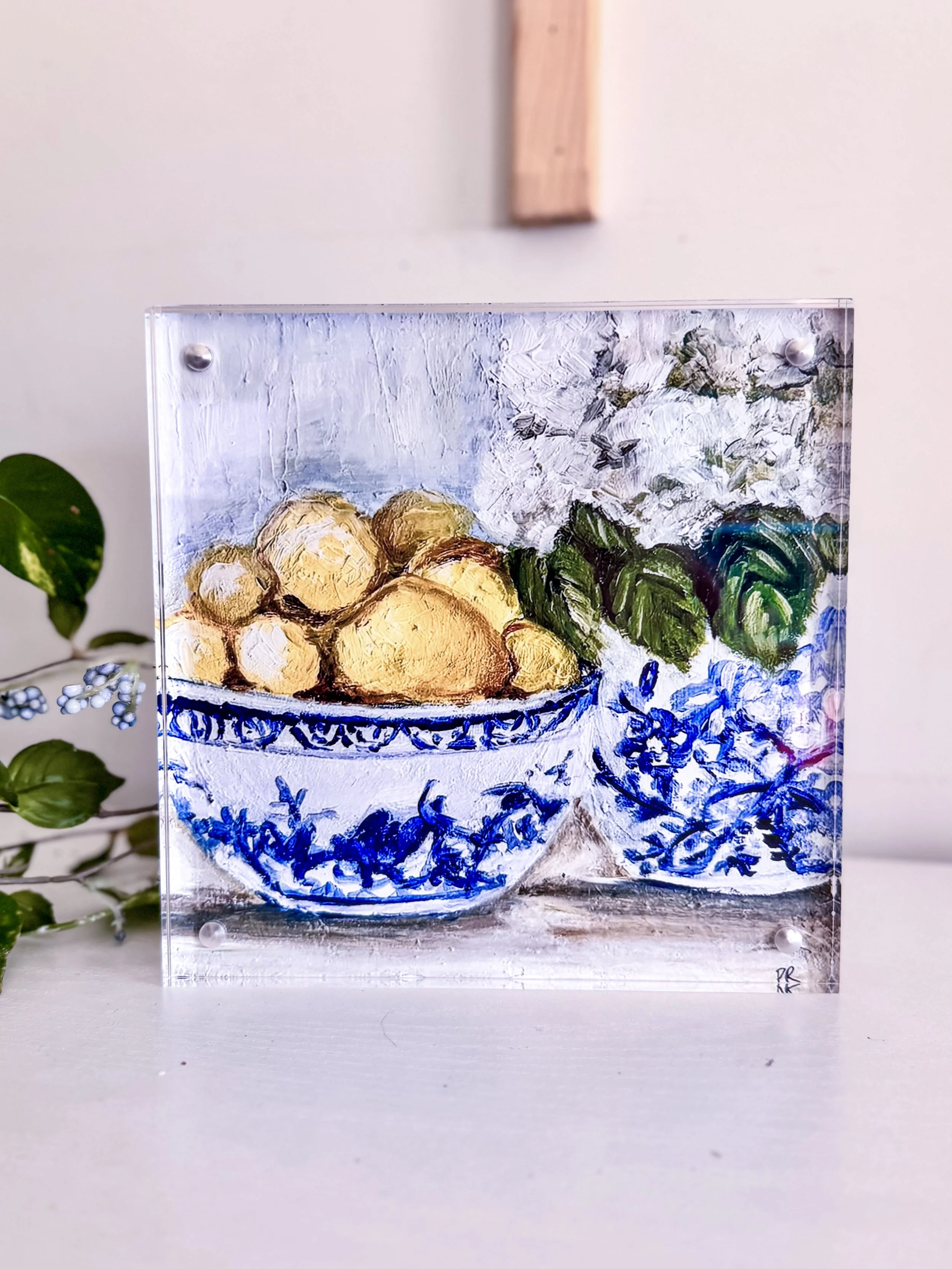 Lemons&Hydrangeas part 1 Acrylic Block Print by Artist Pooja Roy.jpg