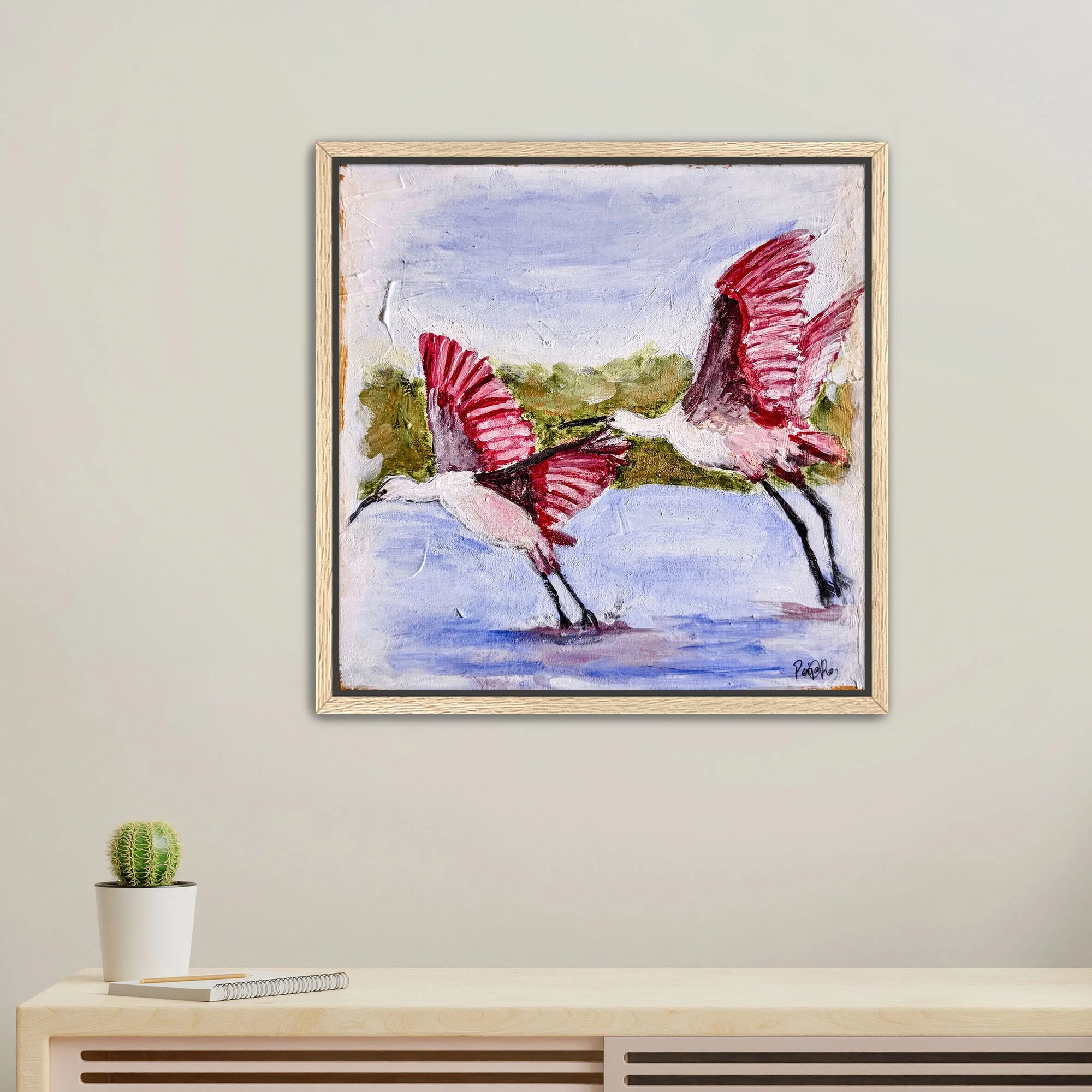 Flying Roseate Spoonbills framed oak.jpg