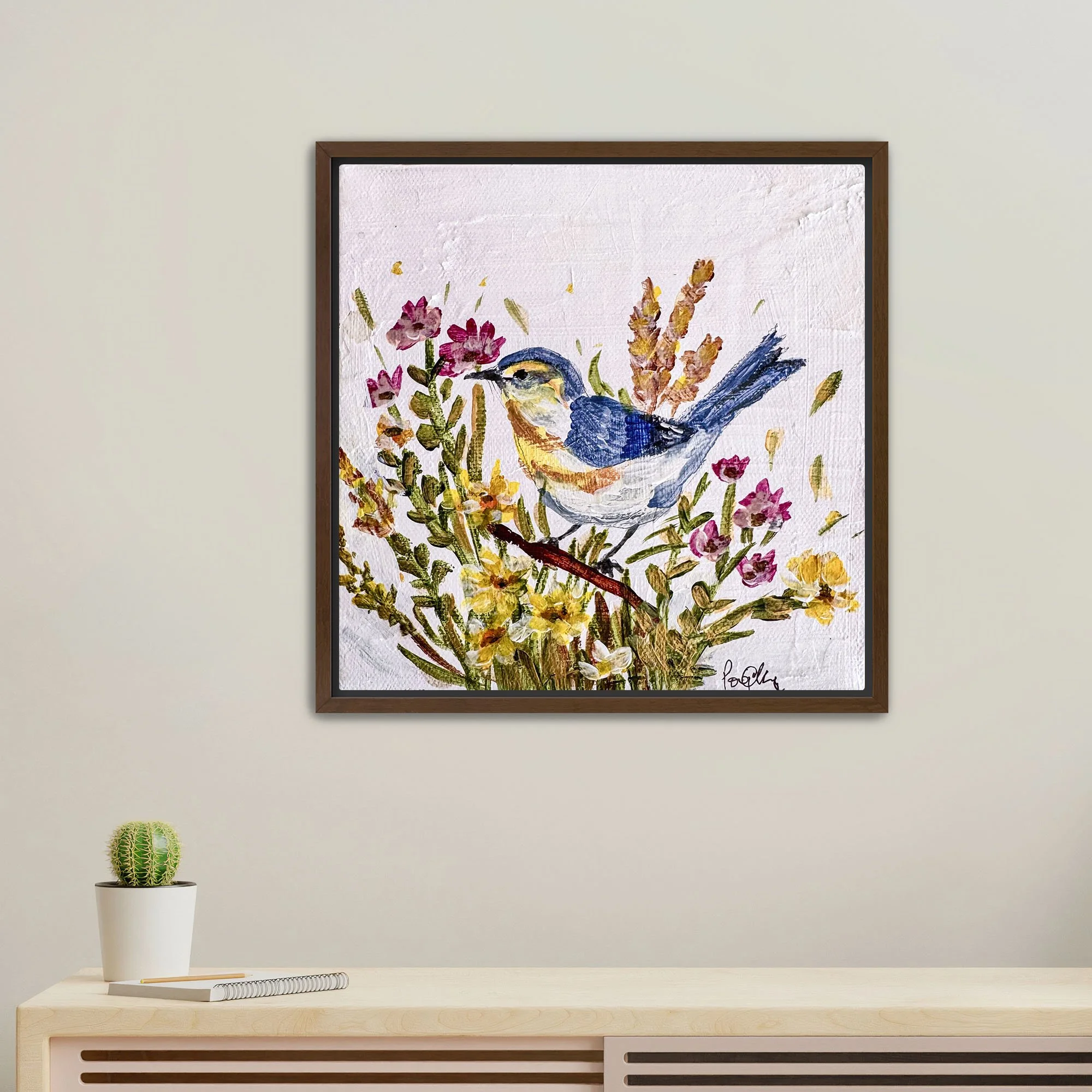 Bluebird in Wildflower Meadow Print framed walnut.jpg