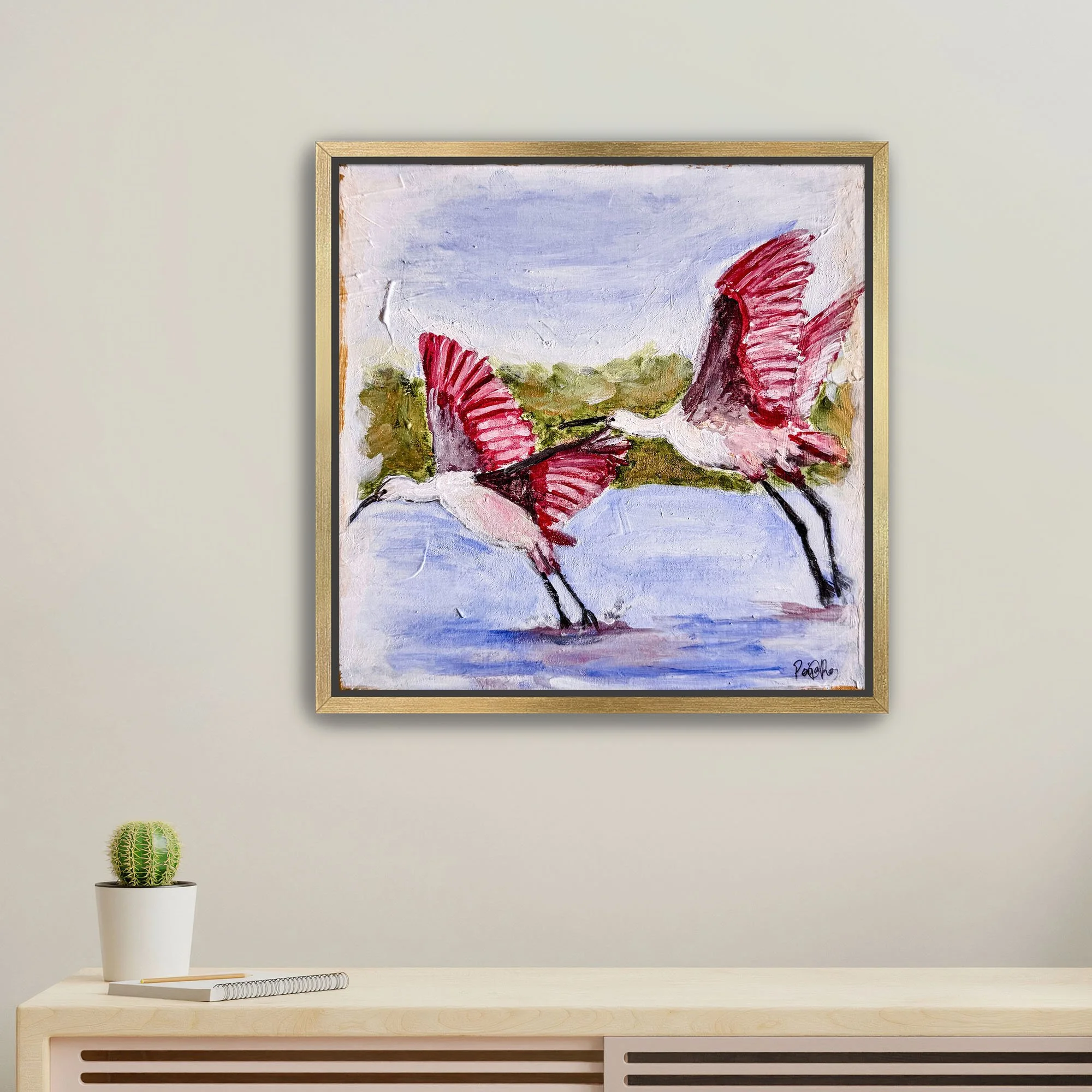 Flying Roseate Spoonbills framed gold.jpg