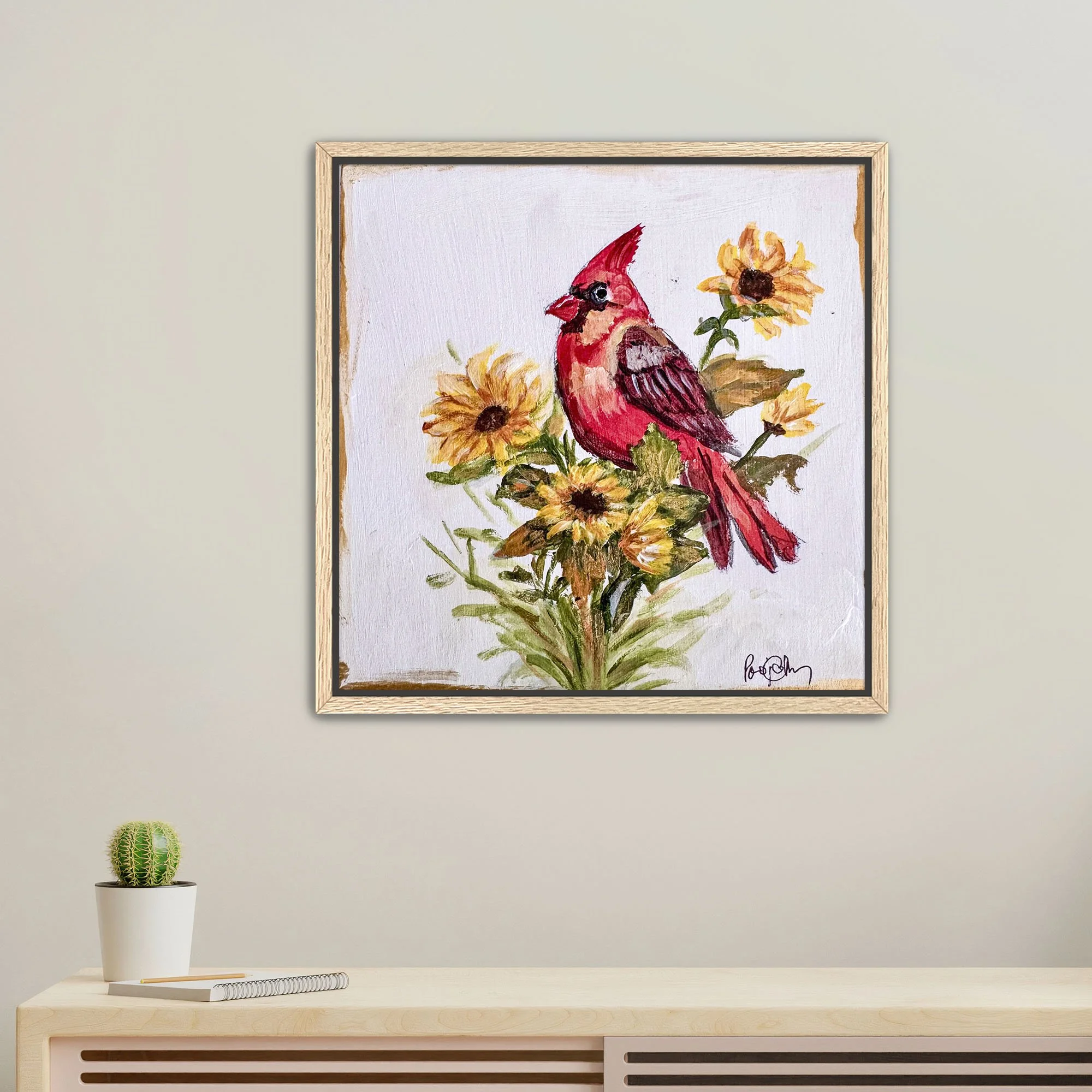 Cardinal in Sunflower Print framed Oak.jpg