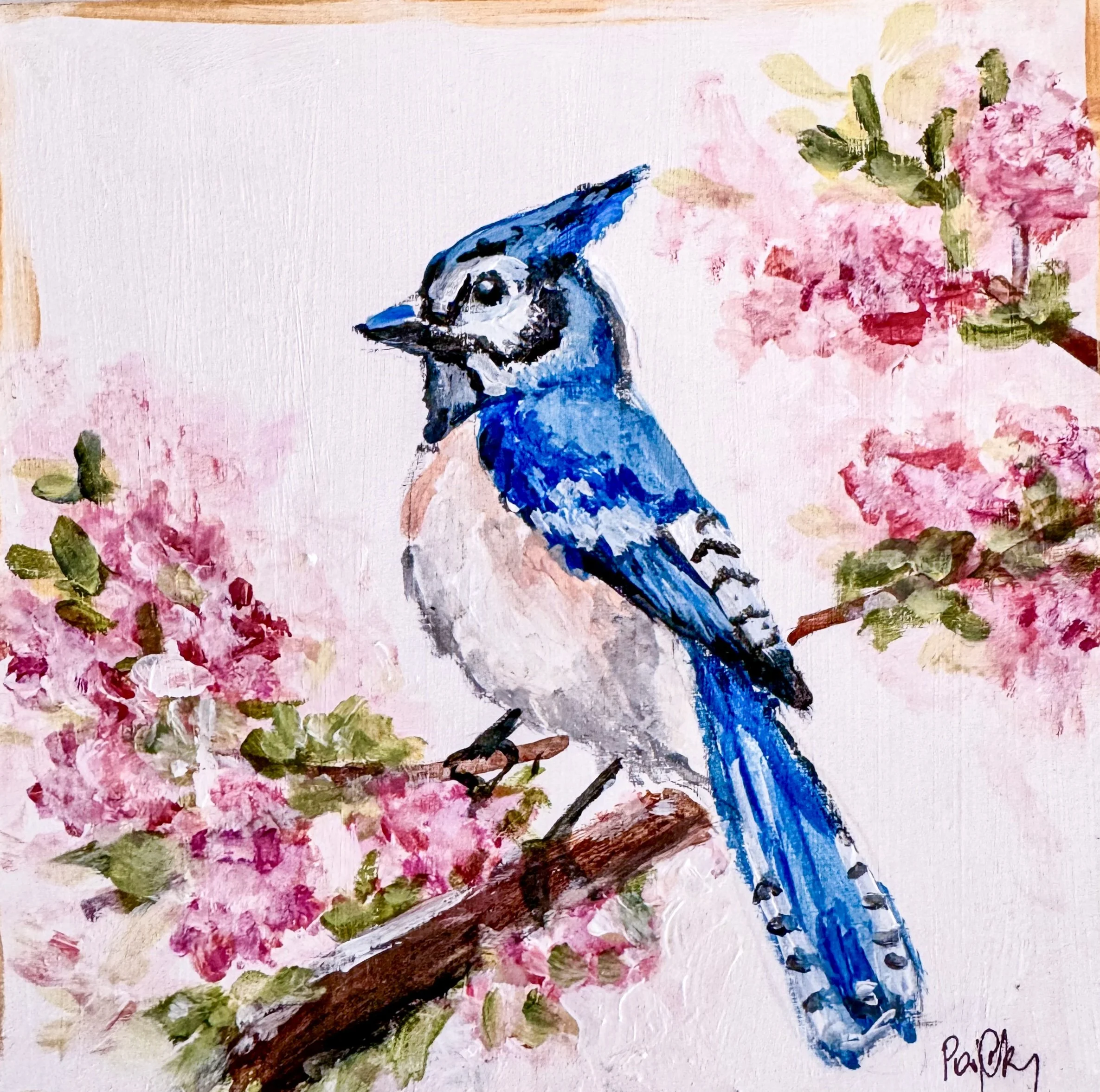Closeup Acrylic painting of Bluejay in Autumn Hydrangeas by Charlotte, NC Artist Pooja Roy.jpg