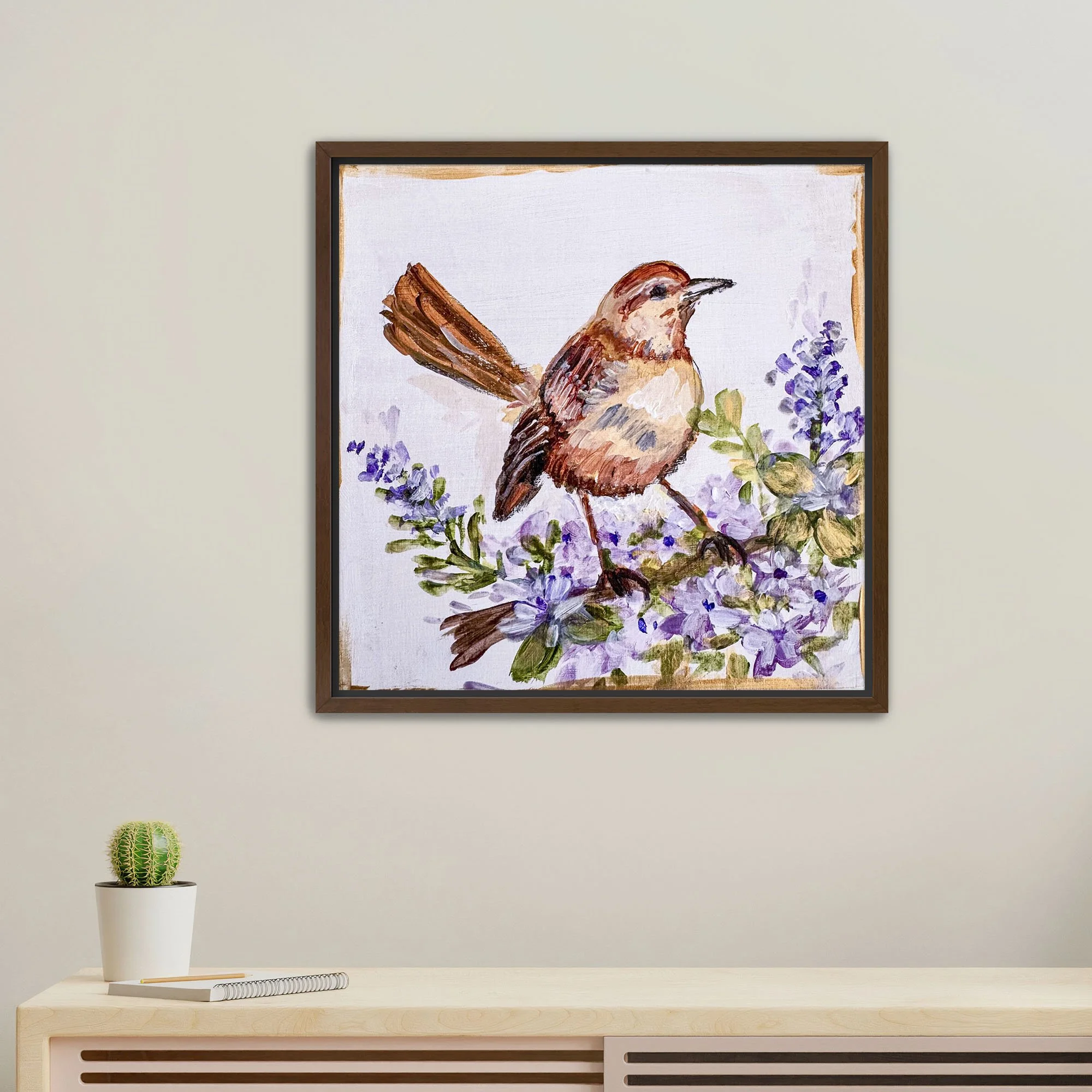Robin bird and Purple Flowers Print framed Walnut.jpg
