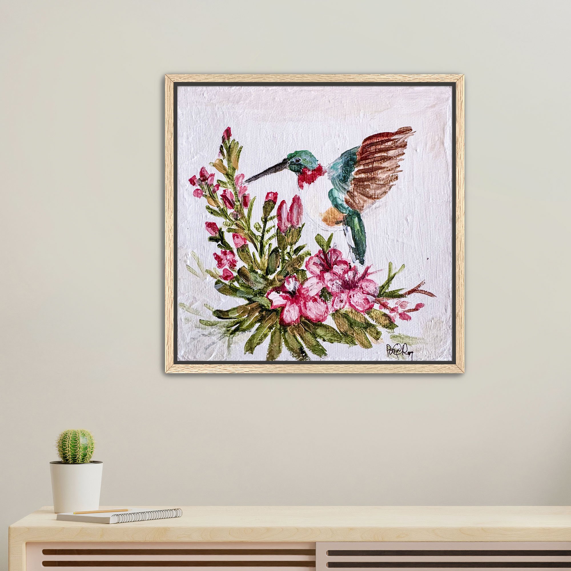 Hummingbird in Blooms framed oak.jpg
