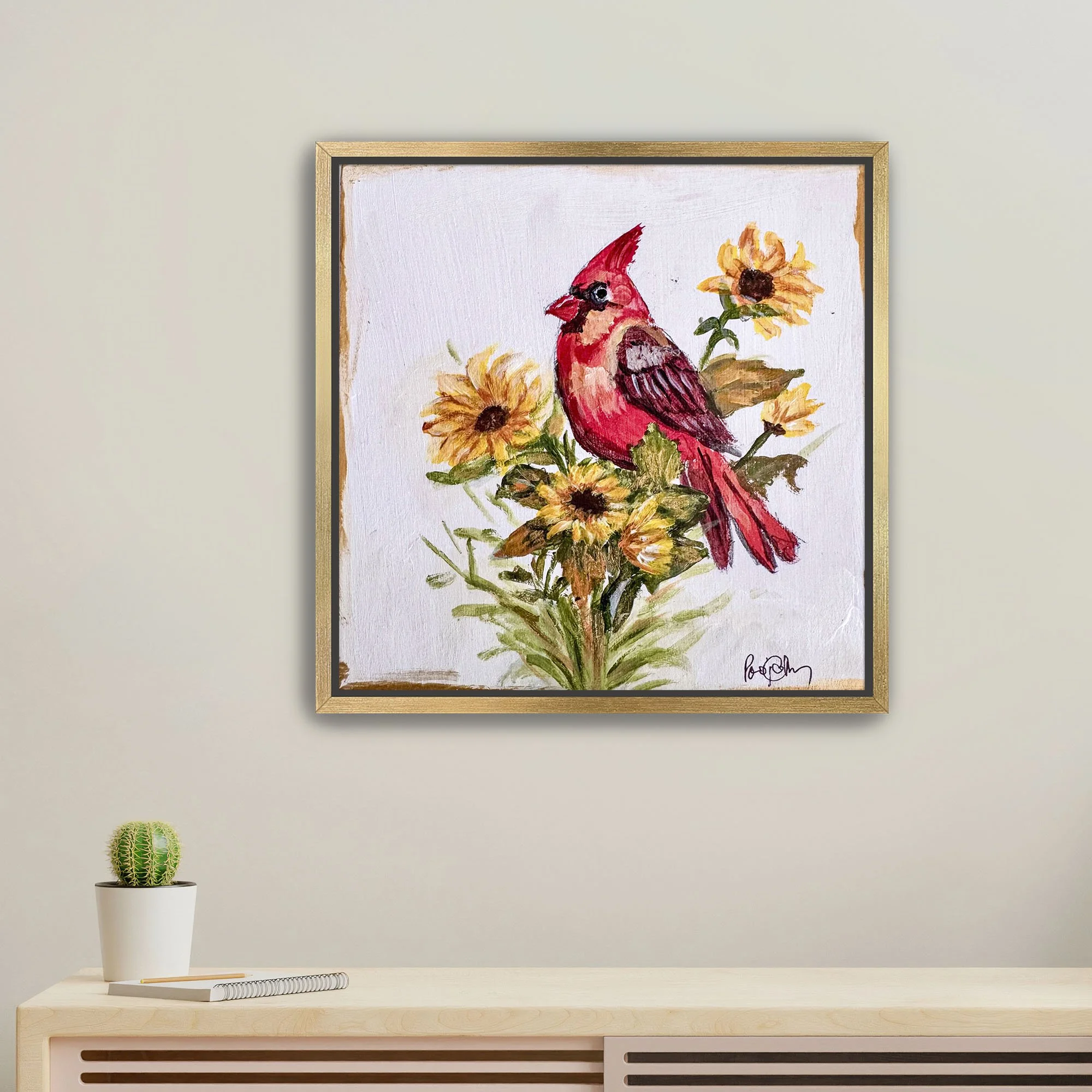 Cardinal in Sunflower Print framed Gold.jpg