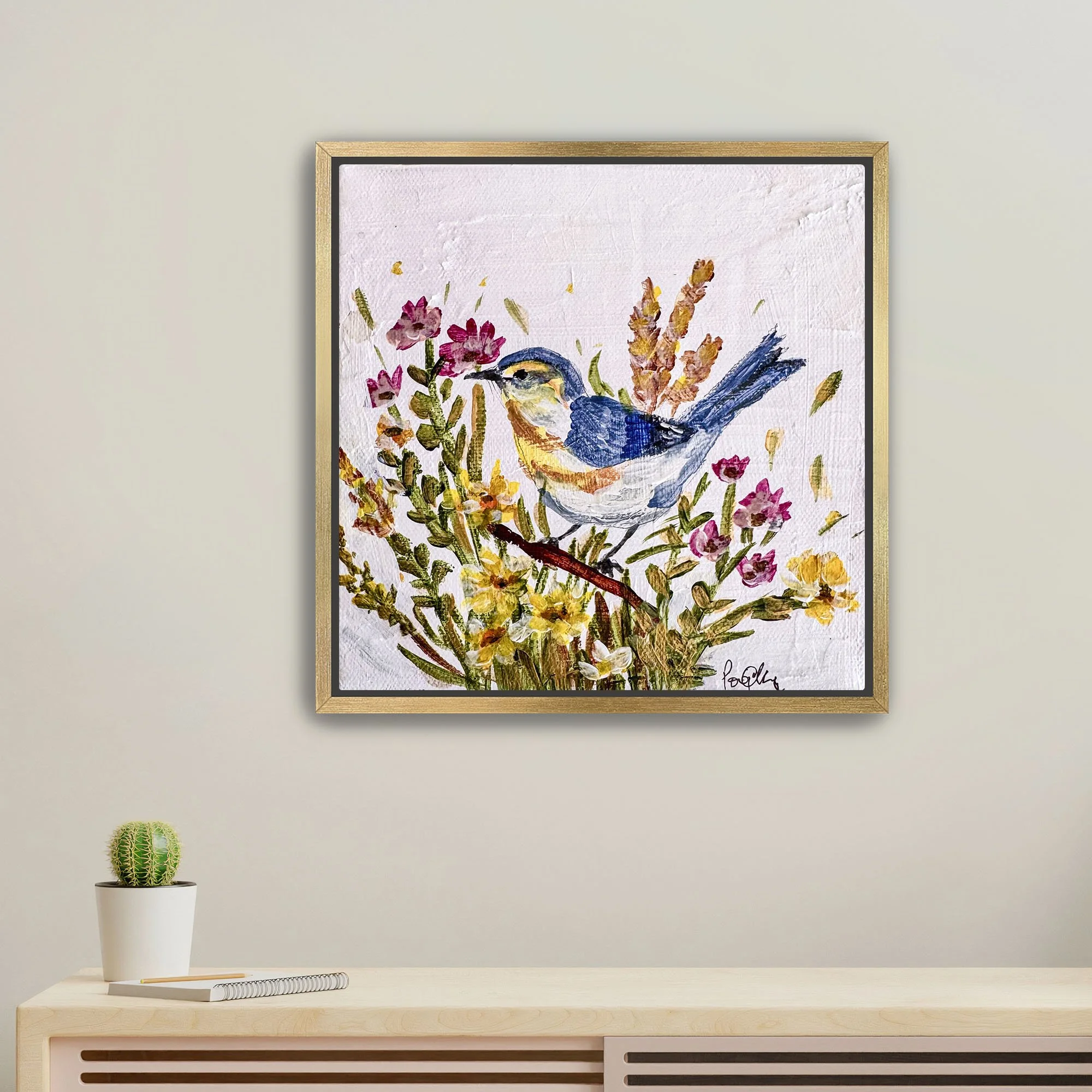 Bluebird in Wildflower Meadow Print framed gold.jpg
