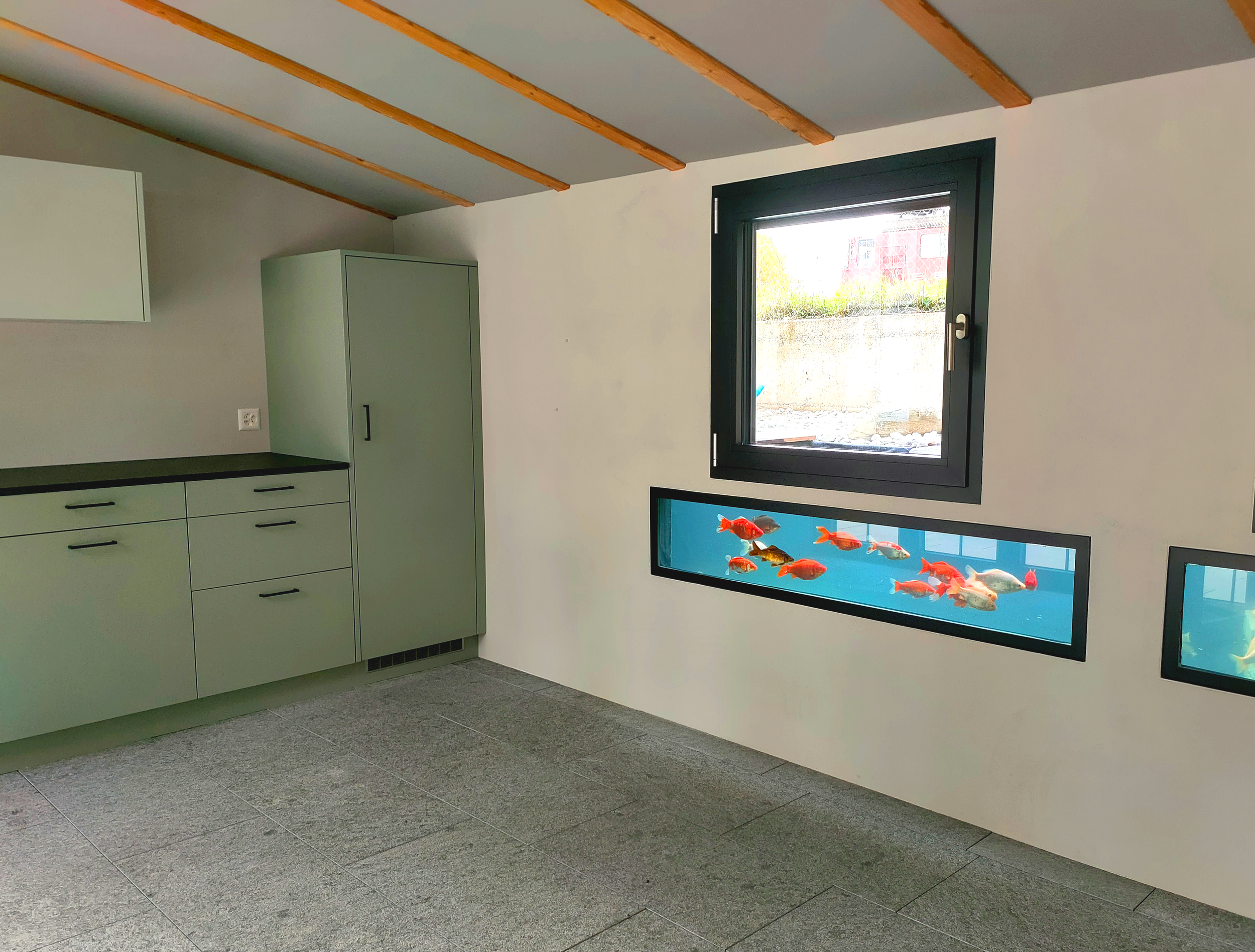 Umbau Gartenhaus, grüne Küche, Wand und Deckenfarbe kt.color, Fischteich,Fischfenster, Thun, Bern